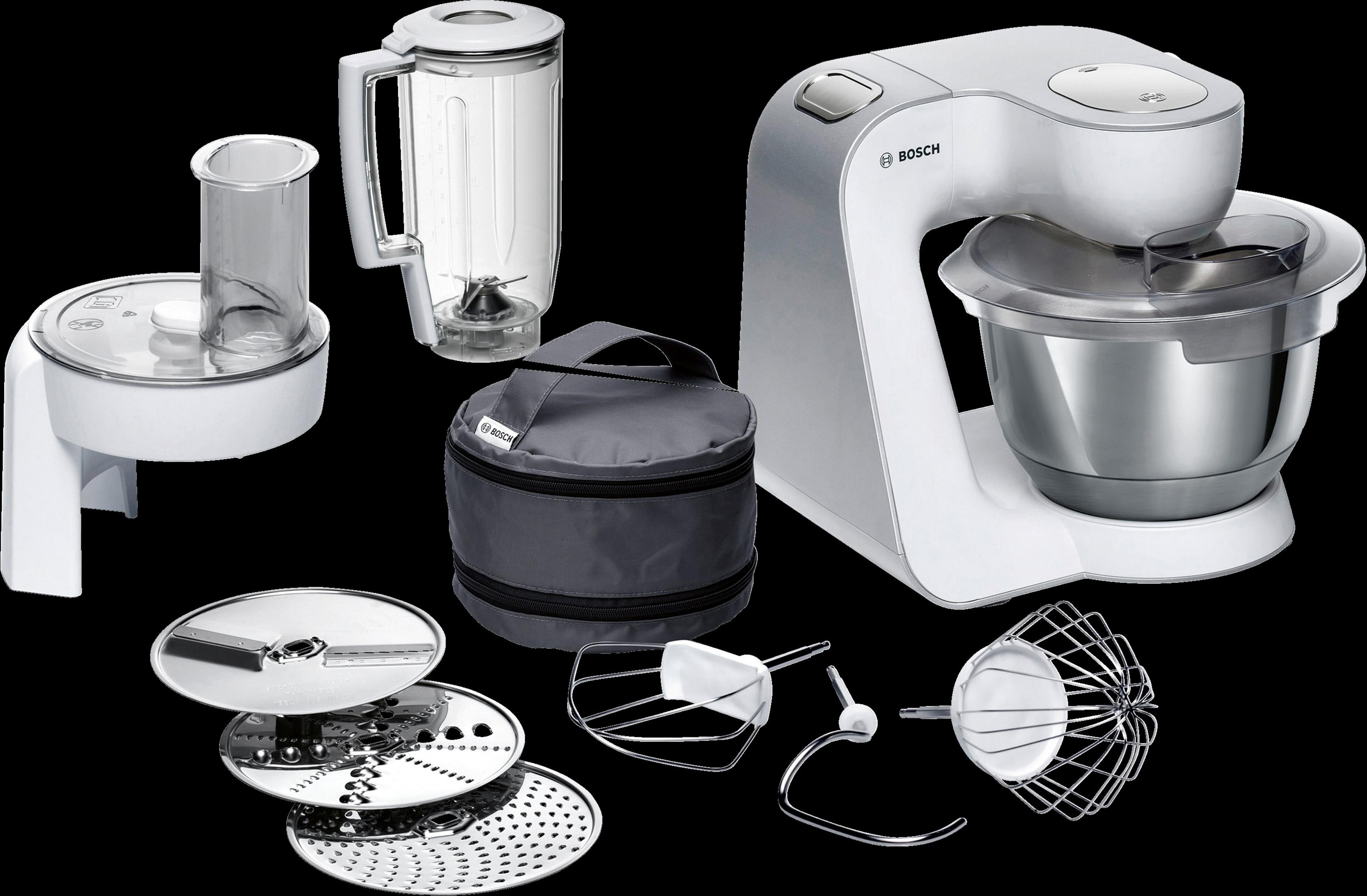 Eine weiße Bosch Küchenmaschine mit Mixer, Foodprozessor und Zubehör auf Schwarz.