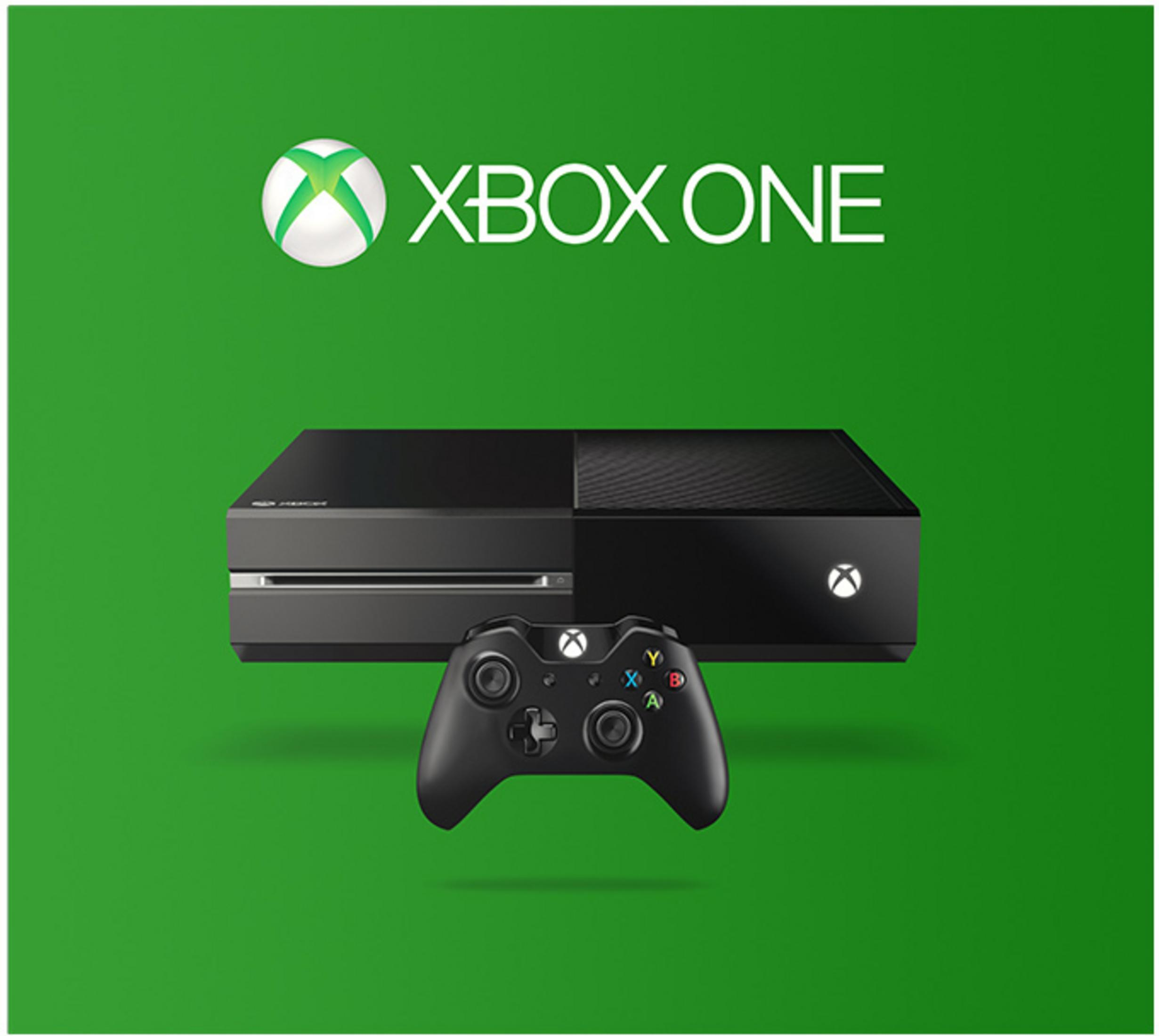 Xbox One Konsole und Controller auf grünem Hintergrund. Das Xbox One Logo ist sichtbar.