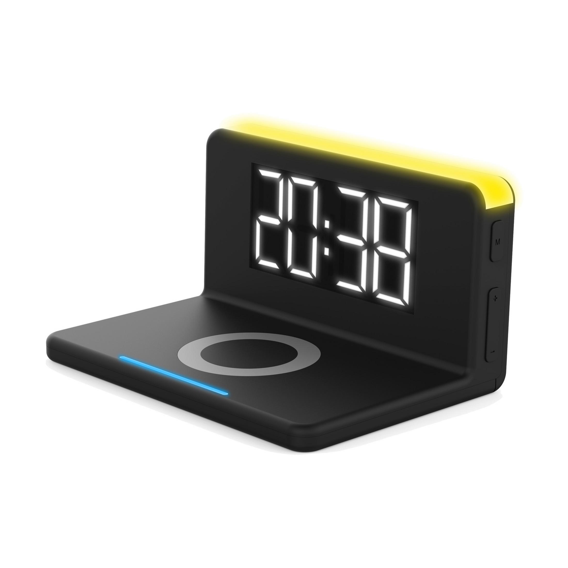 Zwarte digitale klok met een draadloos oplaadpad. Het toont 20:38 met een geel licht.