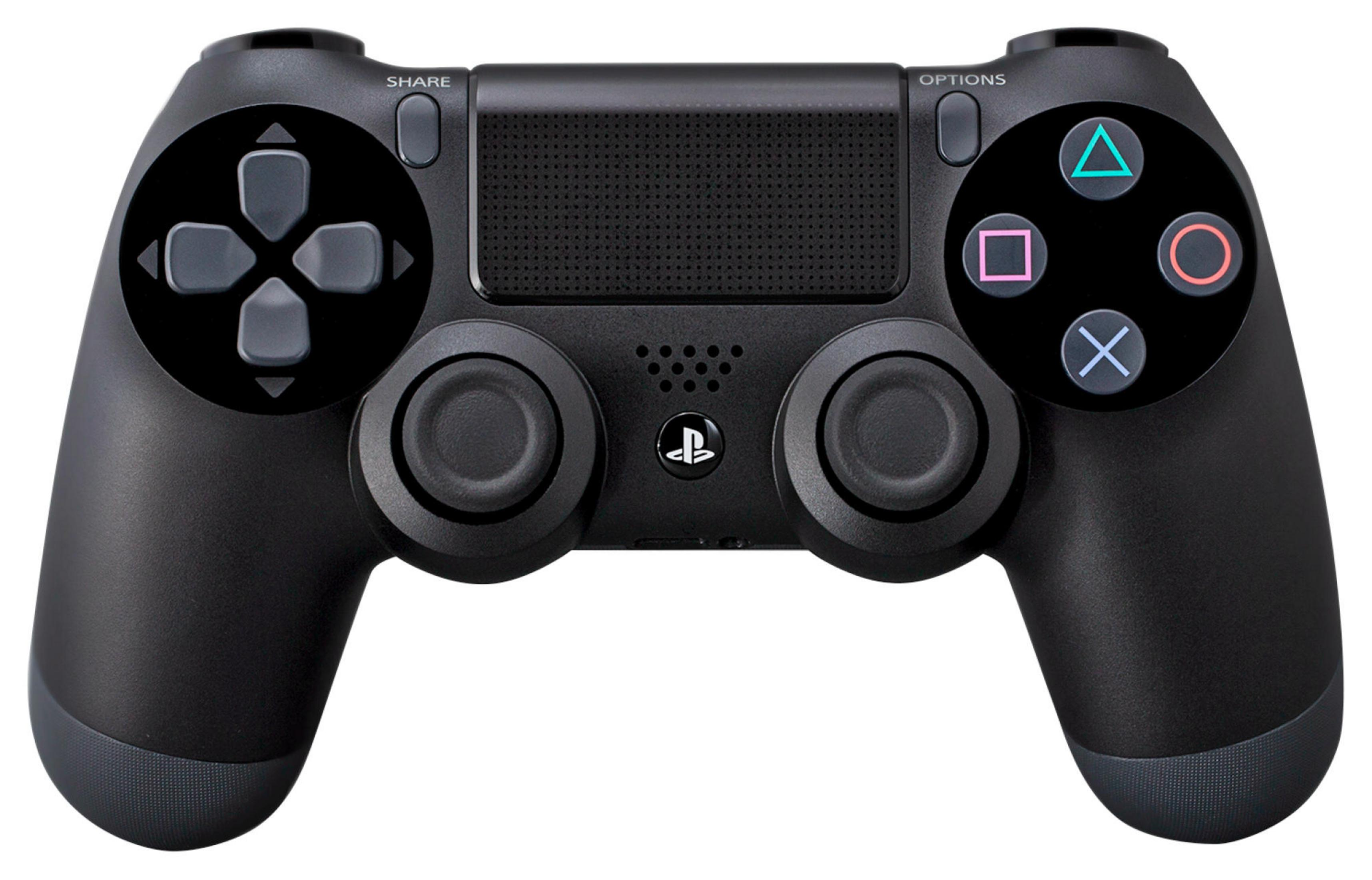 Manette noire PlayStation 4, vue de dessus, montrant boutons et joysticks.