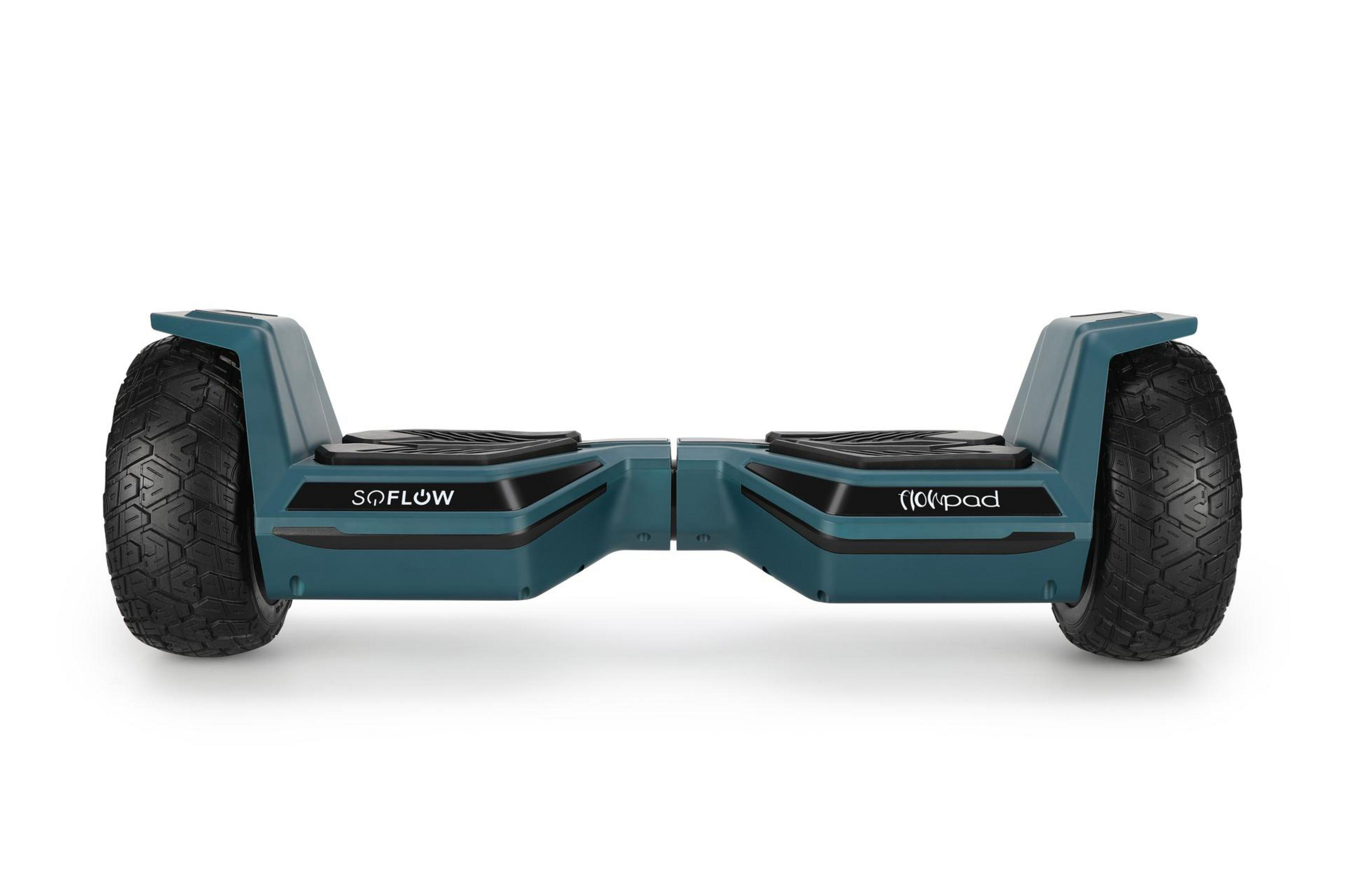 Hoverboard turchese, vista frontale, con ruote e pedane nere, sfondo bianco.