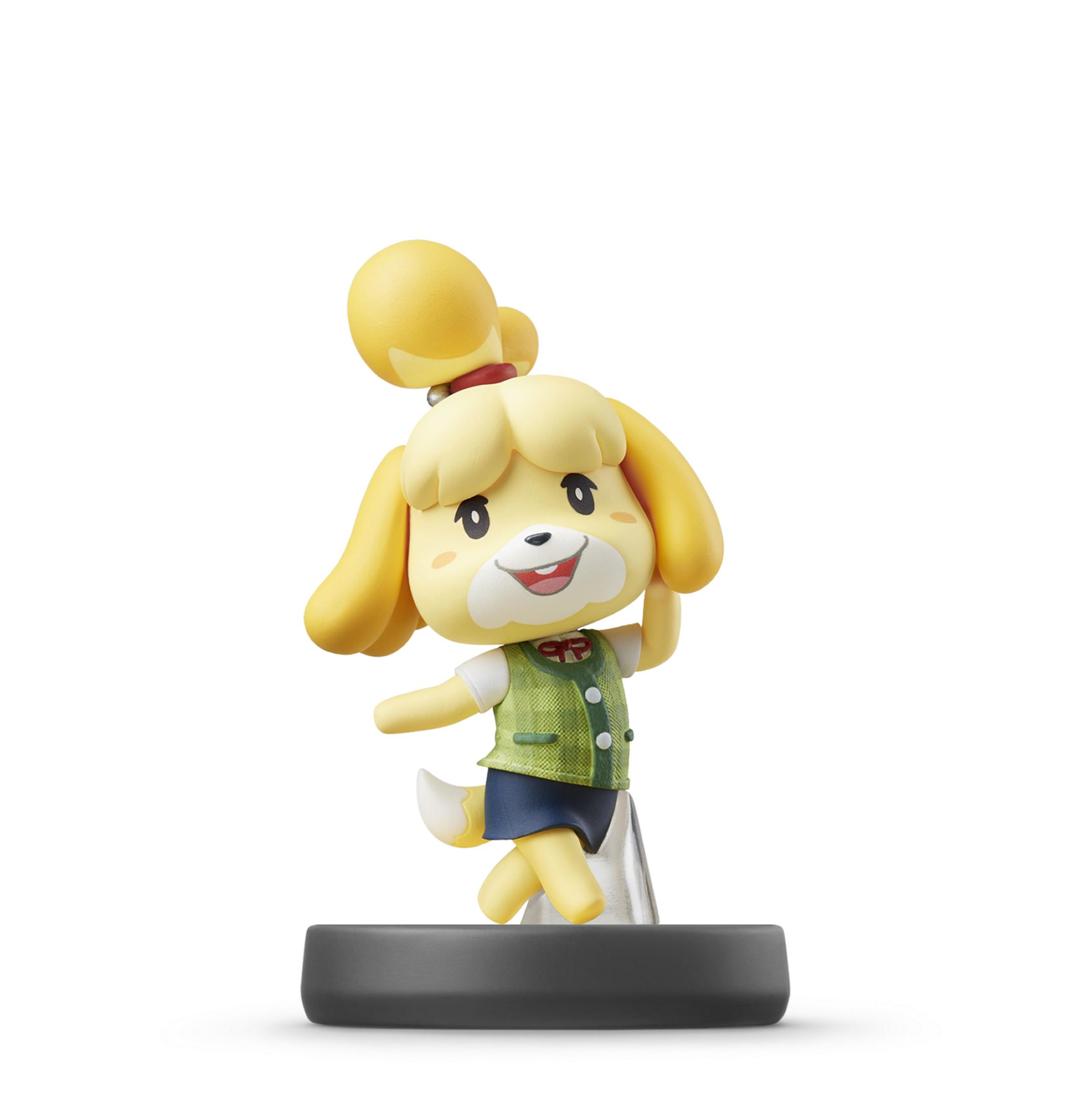 Isabelle aus Animal Crossing Amiibo-Figur, gelbes Haar, grüne Weste, blauer Rock, auf einem Ständer.