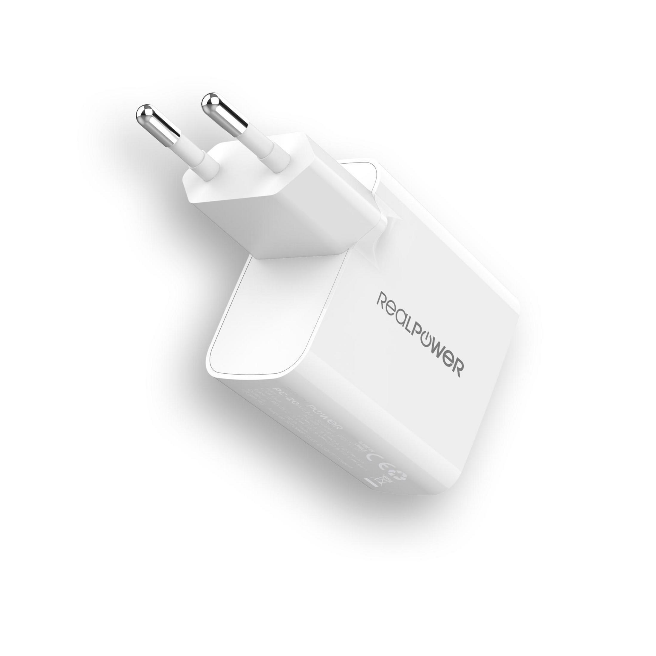 White Realpower charger with two prongs. It has a rectangular shape and a white background.