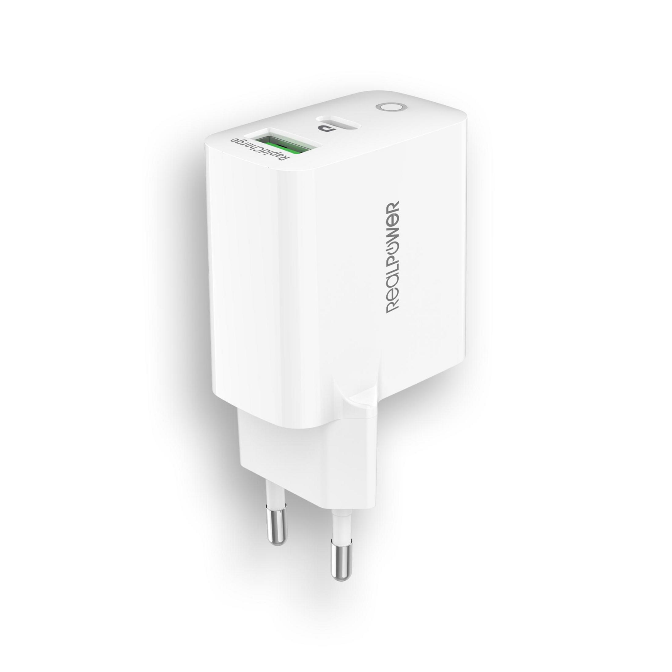 White RealPower charger with a plug. The charger has a USB port.