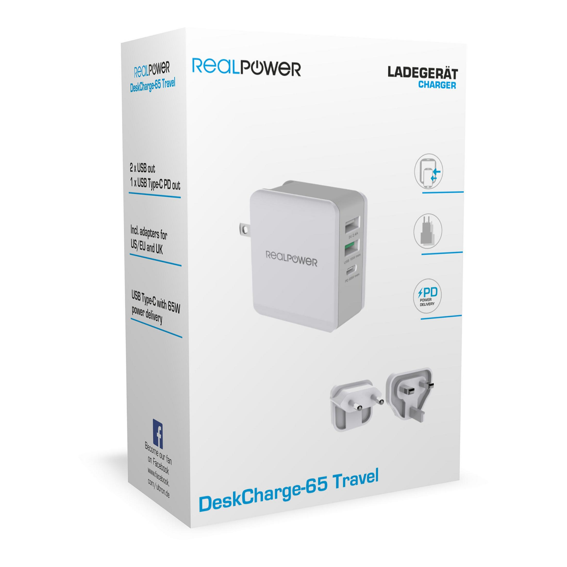 Weiße Box mit Ladegerät, USB-Anschlüssen und Netzadaptern. Text auf Englisch und Deutsch.