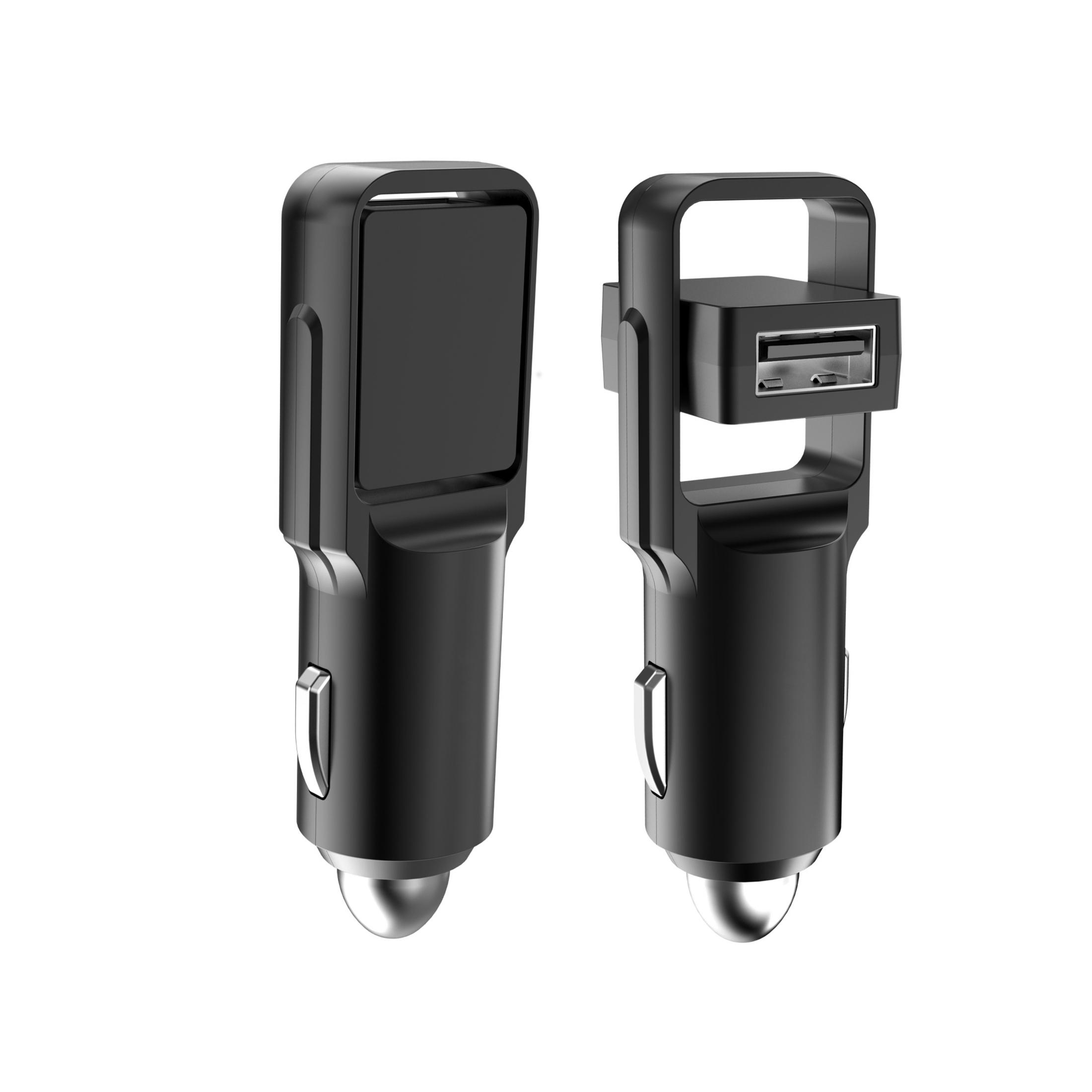 Zwei schwarze Autoladegeräte, eines mit USB-Anschluss.