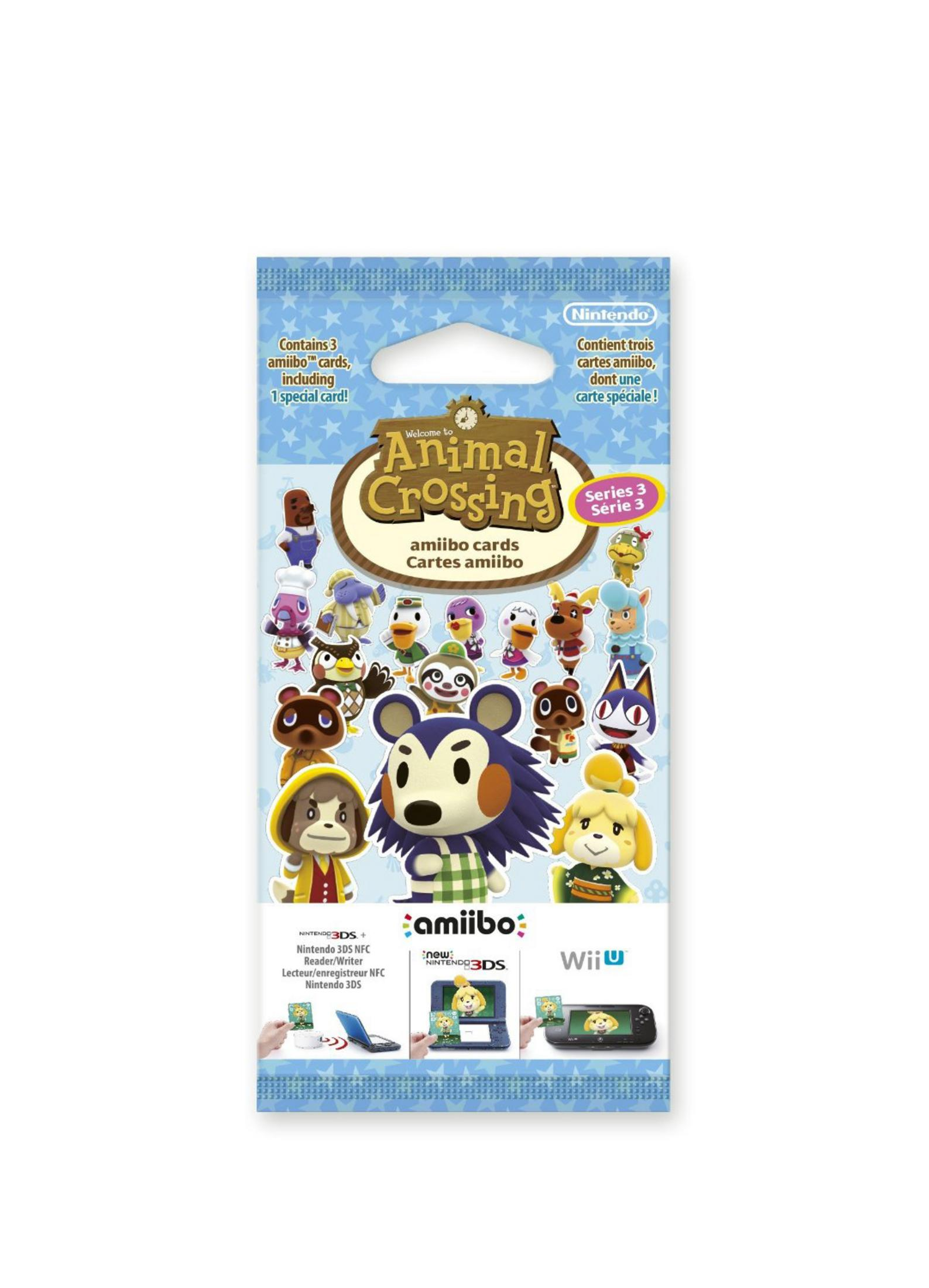 Animal Crossing amiibo Kartenpackung. Enthält verschiedene Zeichentrickfiguren. Blau-weißer Hintergrund.