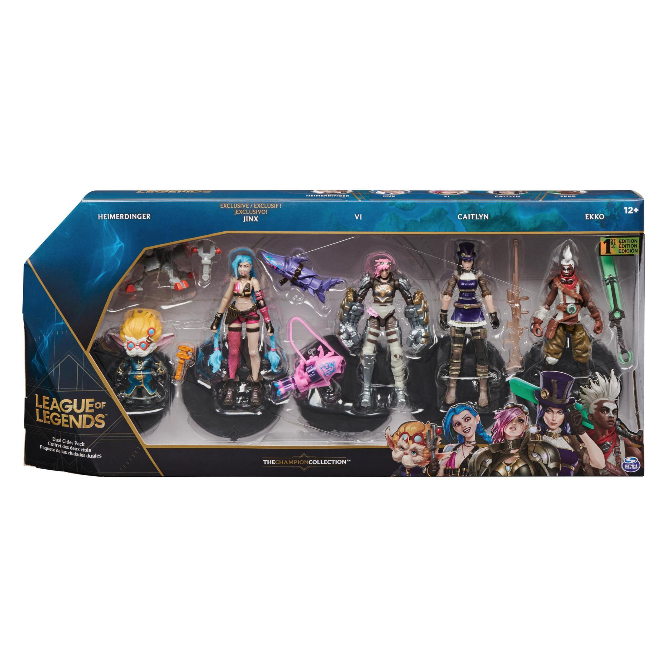League of Legends Figuren in einer Verpackung. Die Figuren sind Heimerdinger, Jinx, Vi, Caitlyn, Ekko, mit Zubehör.