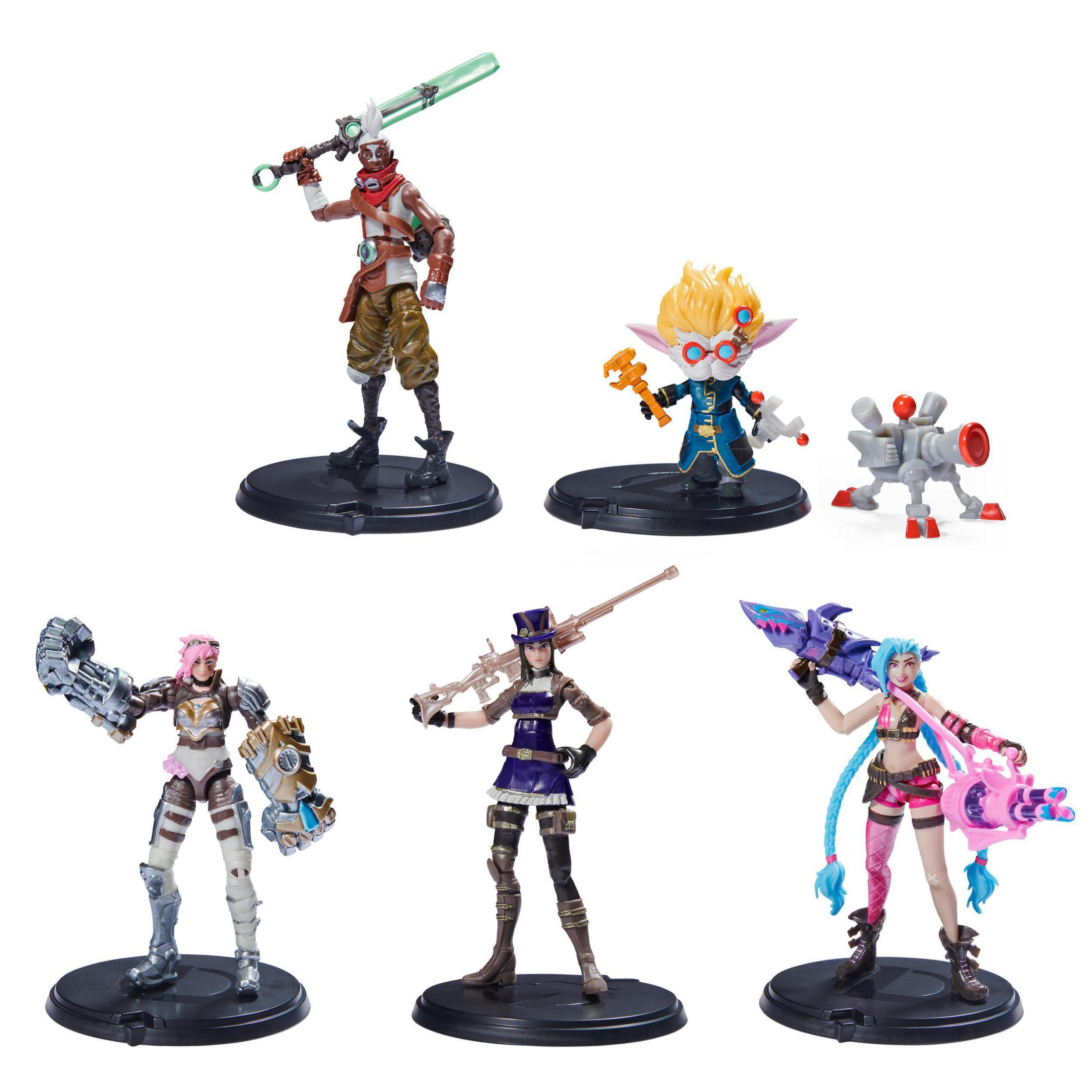 Eine Sammlung von League of Legends Figuren auf schwarzen Sockeln.