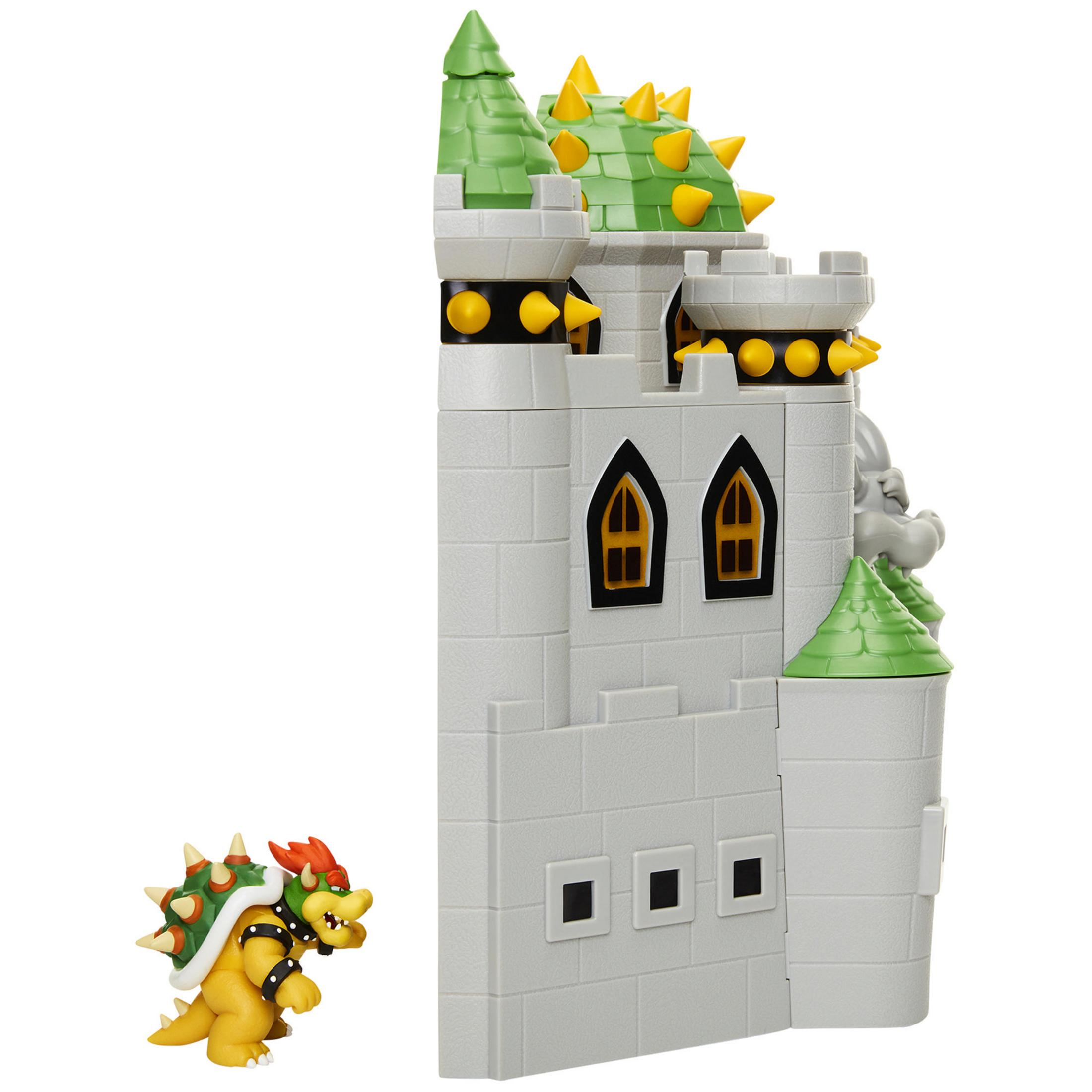 Bowser-Spielfigur und Teil eines Schlosses.