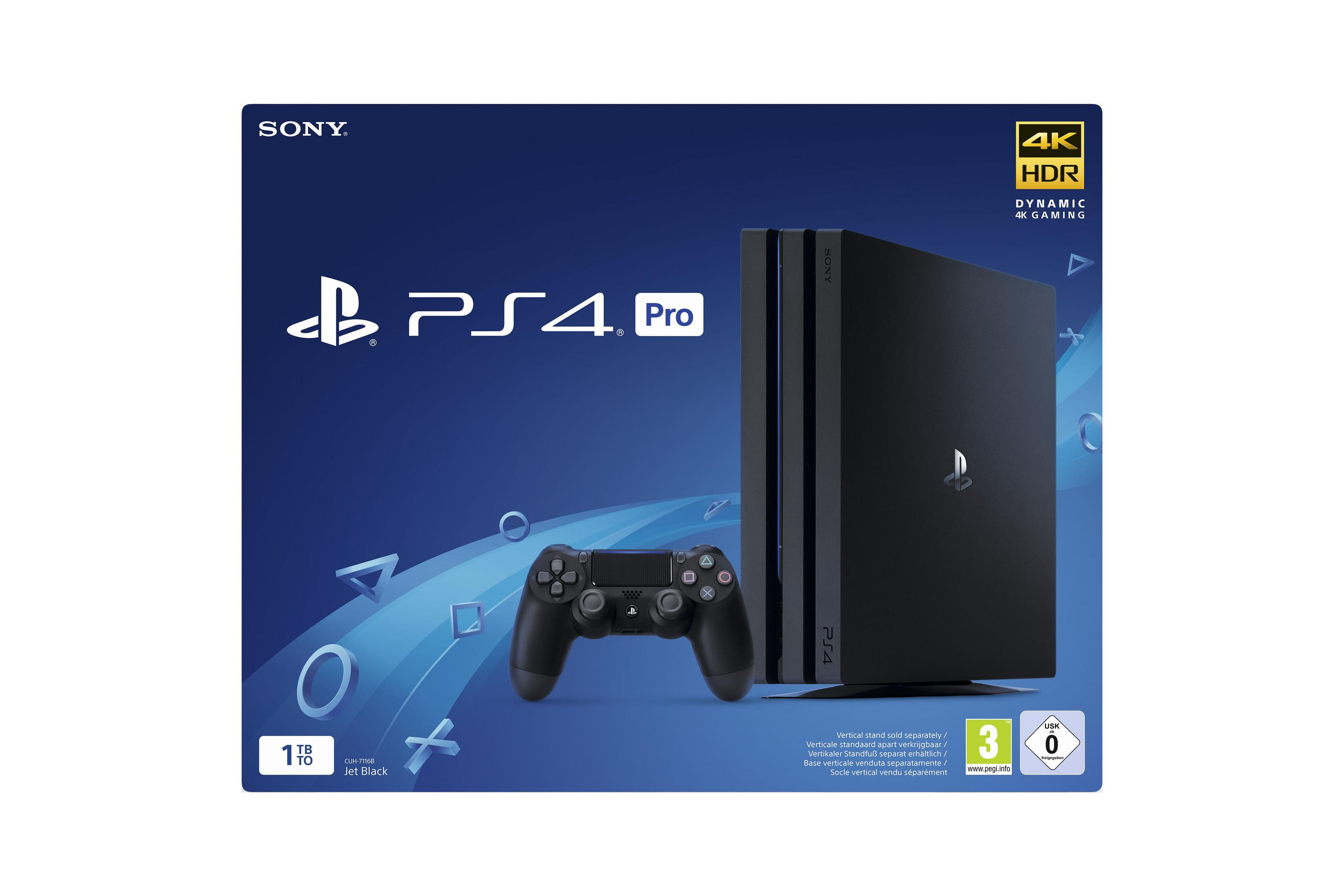 PlayStation 4 Pro doos met de console en controller. Zwarte achtergrond.