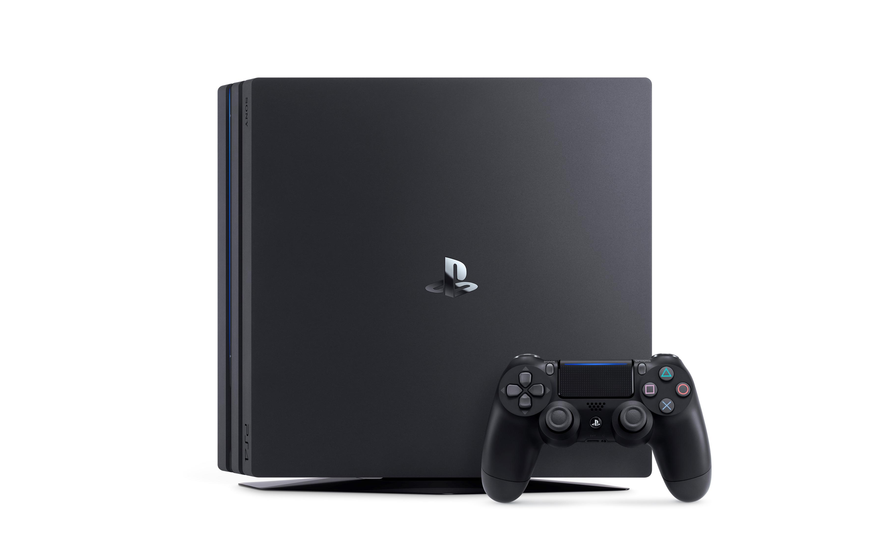 Zwarte PlayStation 4 Pro console en controller. De console heeft een PlayStation logo.