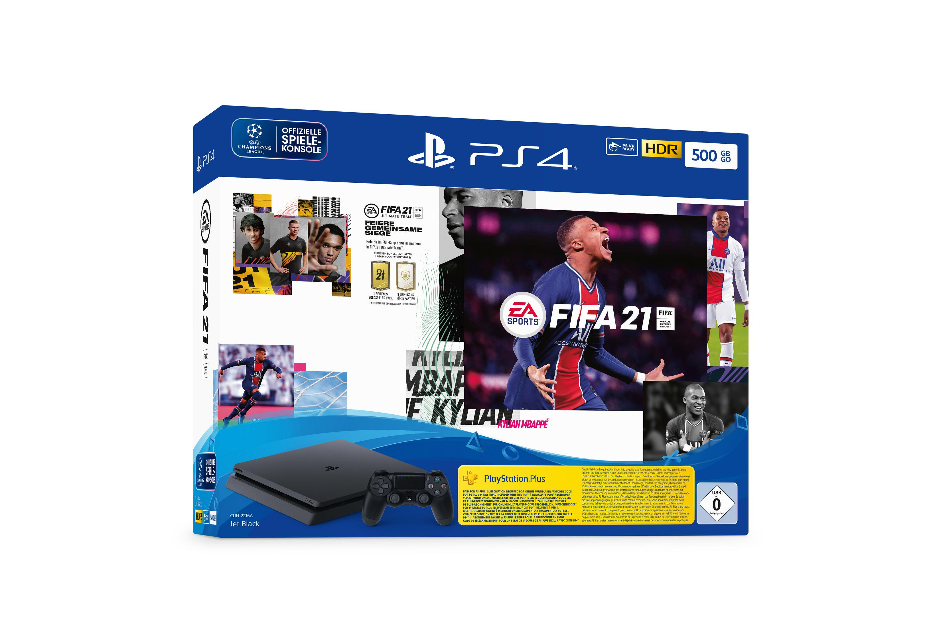 PlayStation 4 Spielbox. Enthält FIFA 21 mit Kylian Mbappé auf dem Cover.
