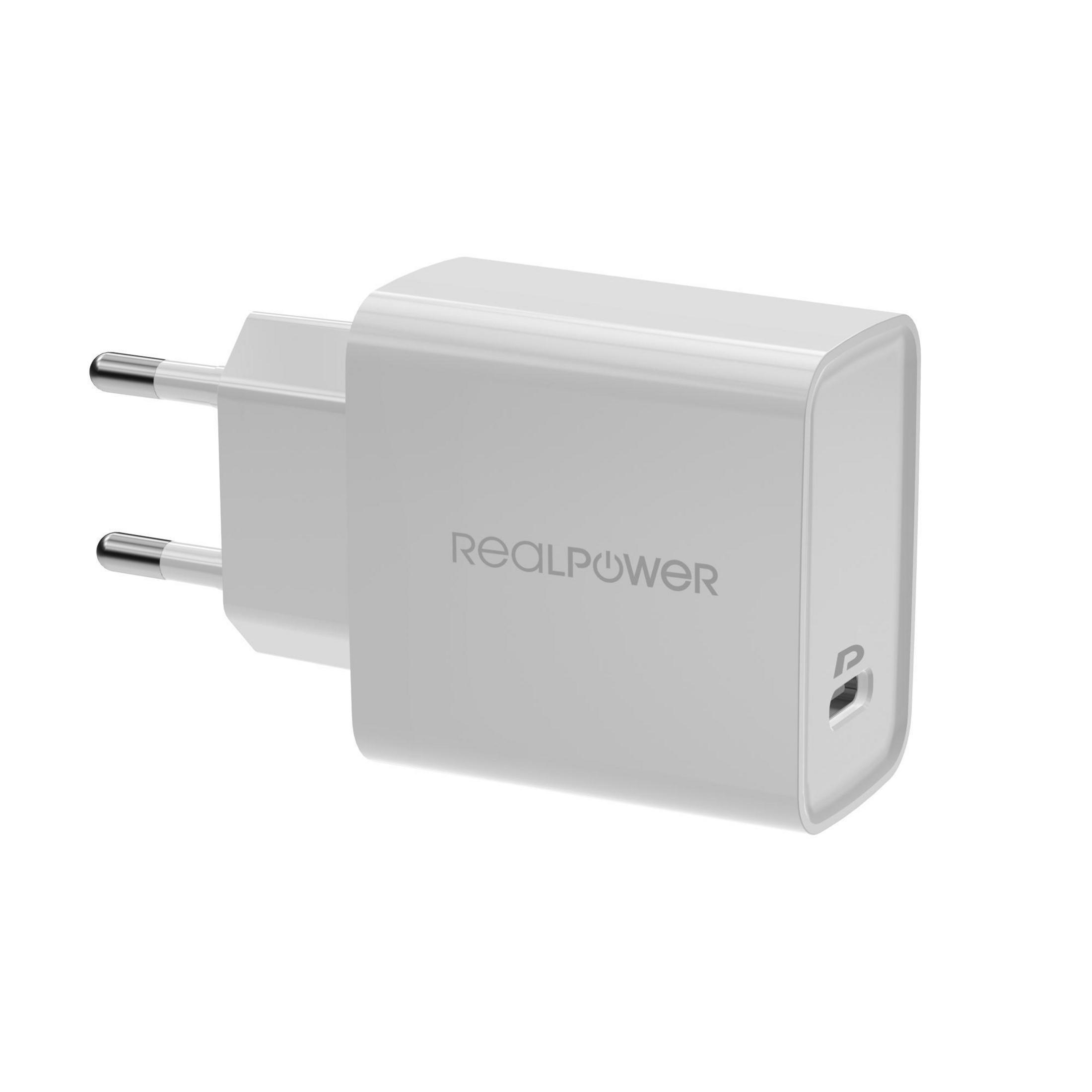 Weißes REALPOWER-Ladegerät mit Stecker. Der Markenname ist auf der Vorderseite sichtbar.