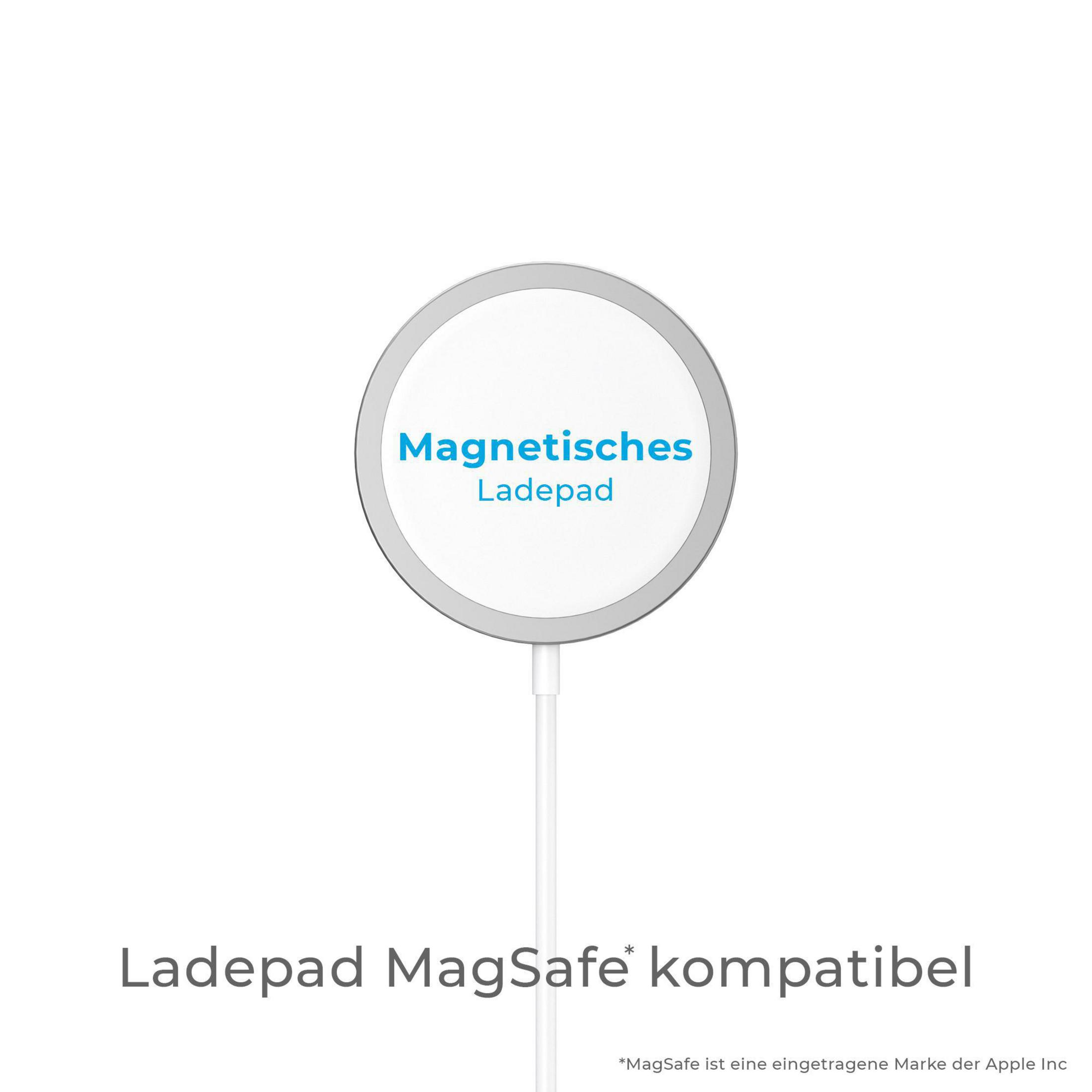 Ein weißes und silbernes kreisförmiges MagSafe-Ladegerät. Der Text 'Magnetisches Ladepad' ist sichtbar.