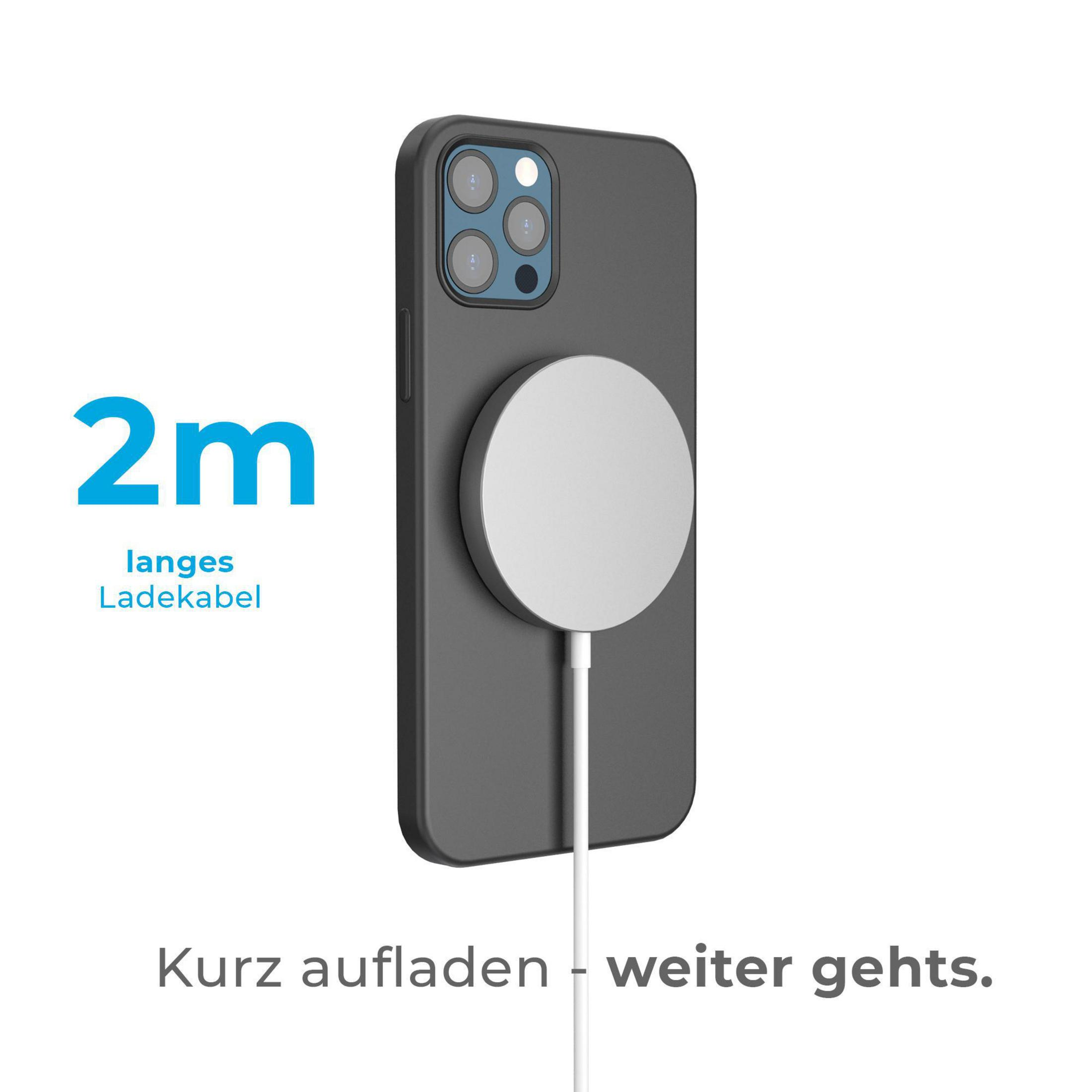 Schwarzes Telefon mit weißem Ladegerät. Telefon auf weißem Hintergrund, Text hinten.