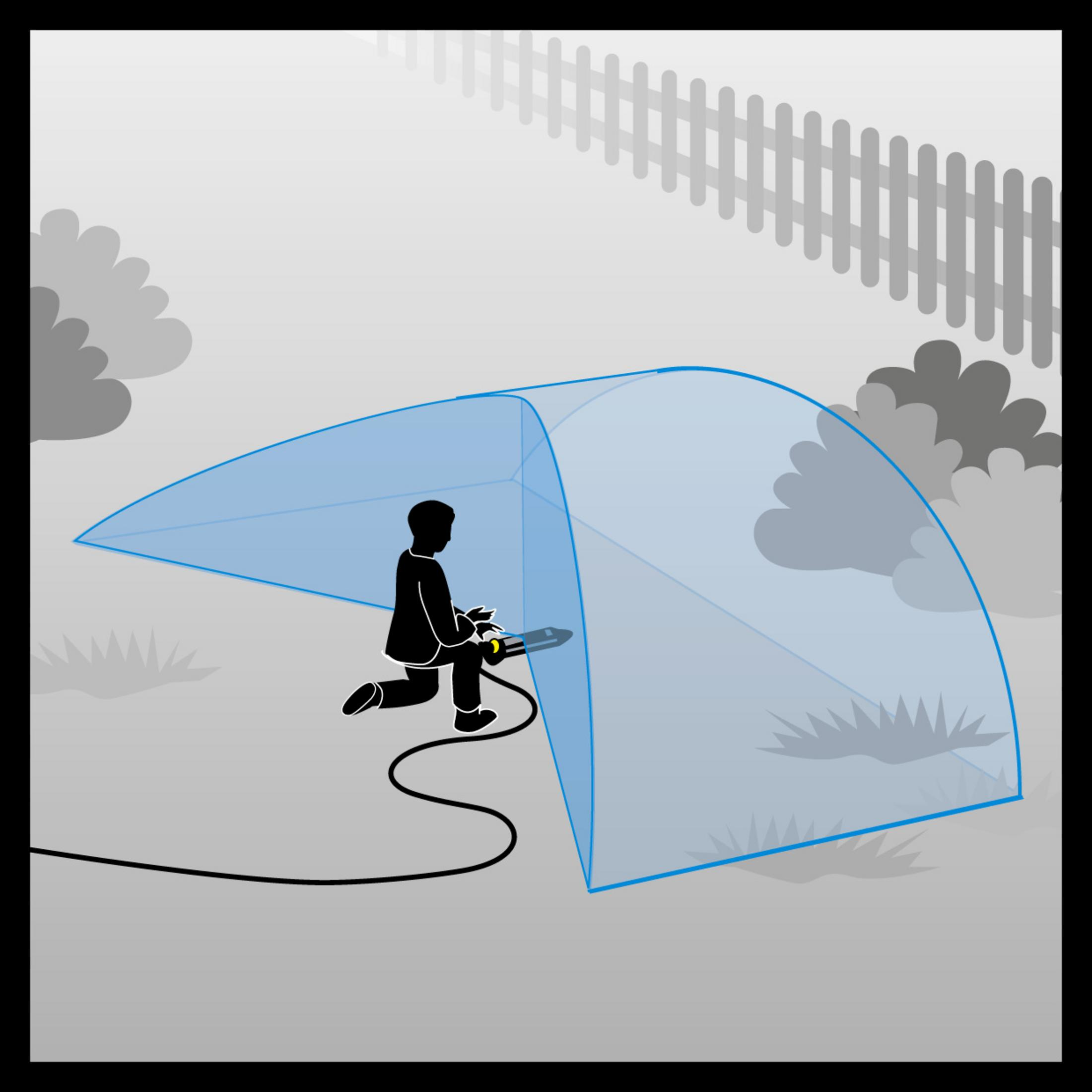 Persona ilustrada con motosierra cortando forma arqueada azul.