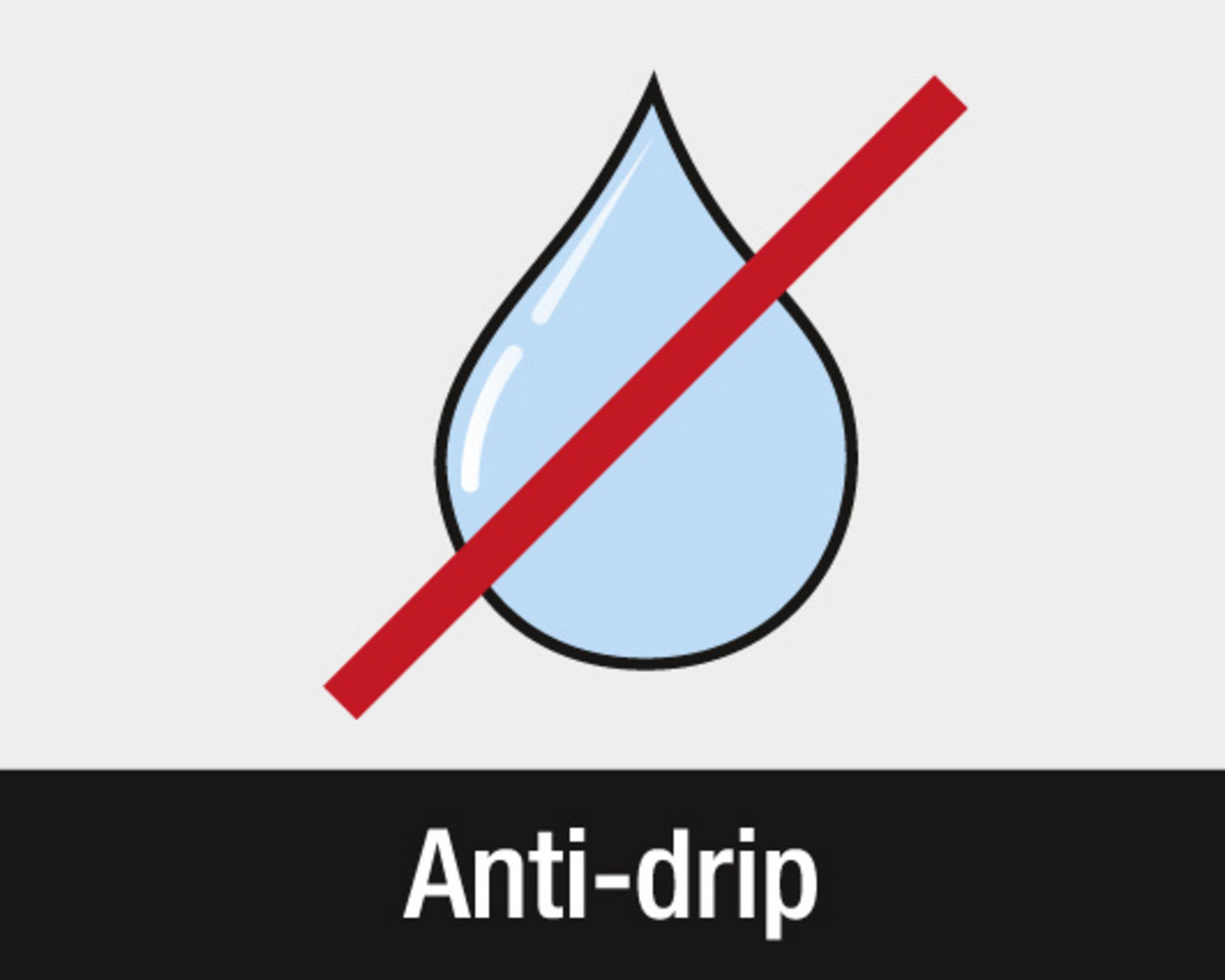 Un icono anti-goteo con una gota de agua azul tachada por una línea roja, sobre un cuadro de texto negro.