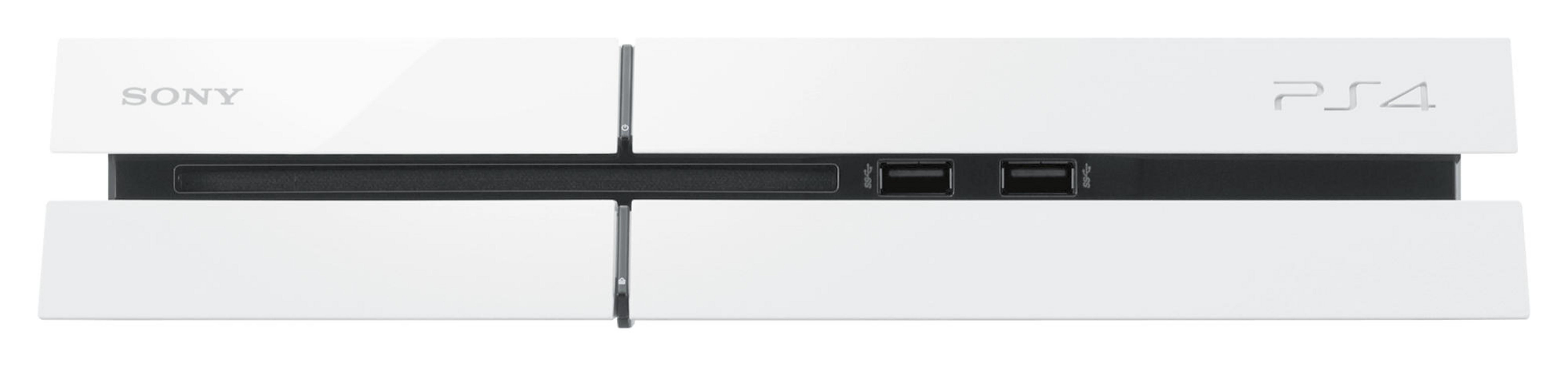 Weiße PS4-Konsole mit zwei USB-Anschlüssen und den Logos von Sony und PS4.