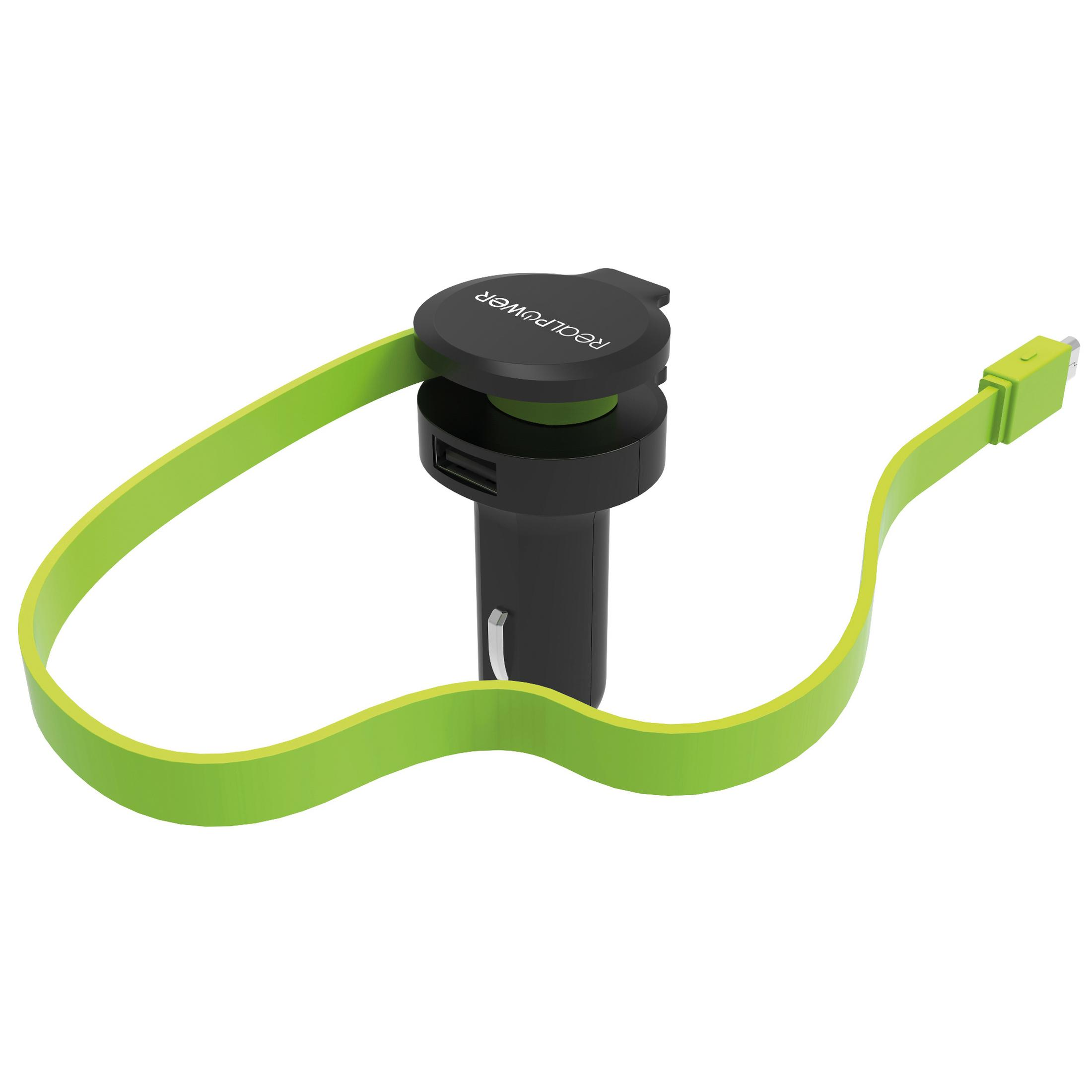 Schwarz-grünes Autoladegerät mit USB-Anschluss und grünem Kabel.