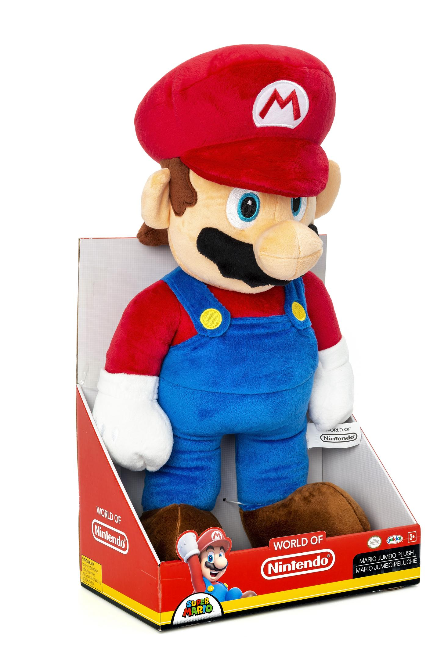 Duża pluszowa zabawka Mario w pudełku. Czerwona czapka, kombinezon i pudełko z logo Super Mario.