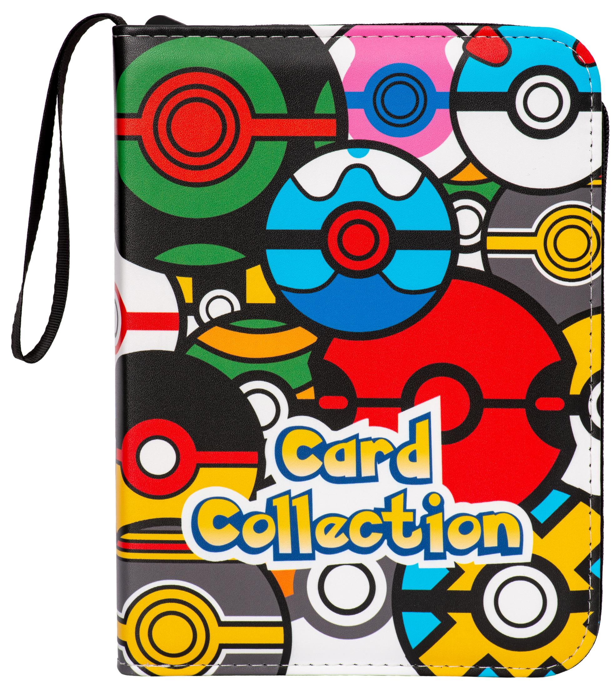 Pokemon Karten-Sammelordner mit bunten Bällen. Schwarzer Riemen. Weißer Hintergrund.