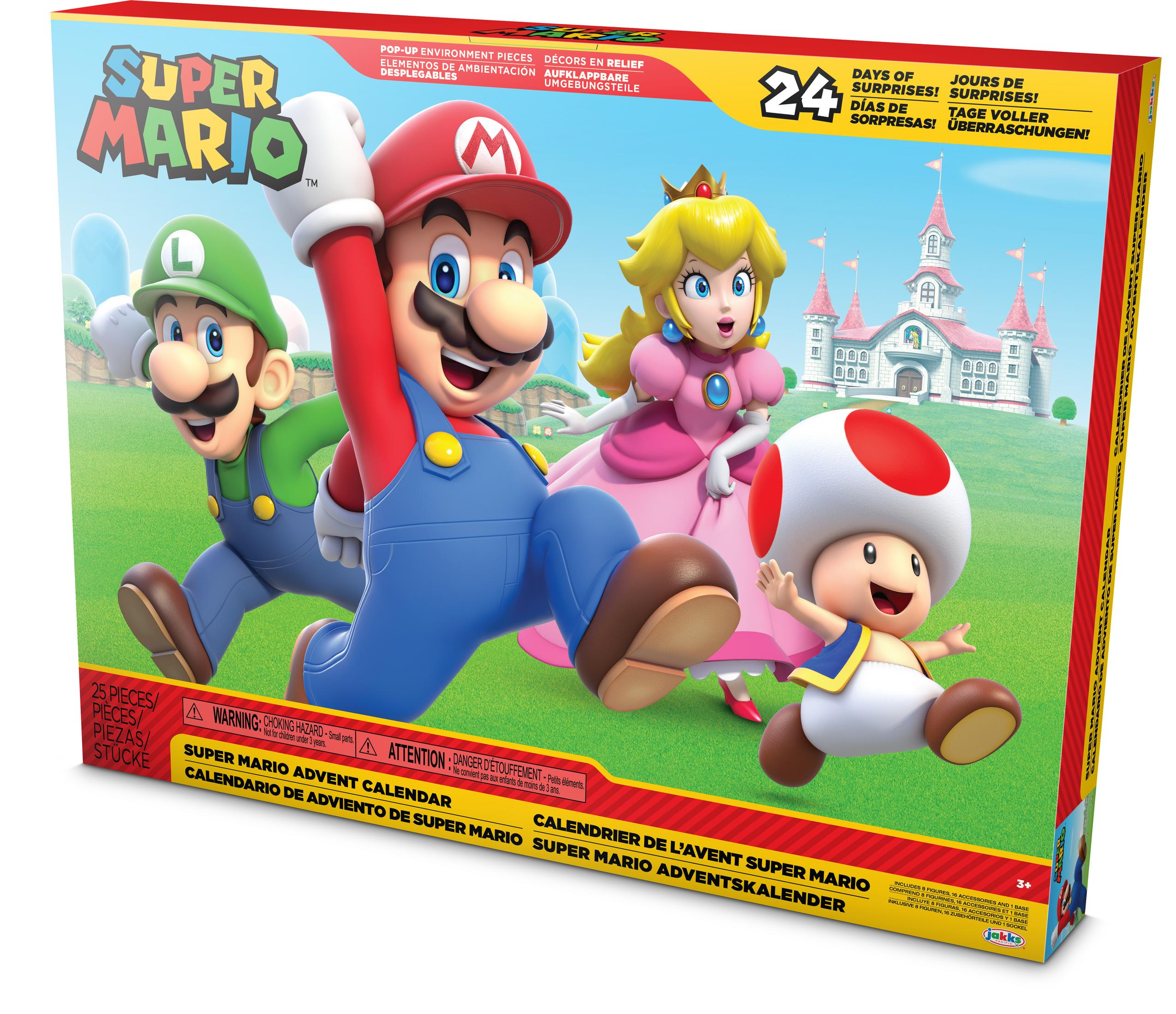 Super Mario Adventskalender-Box mit den Charakteren Mario, Luigi, Peach und Toad.