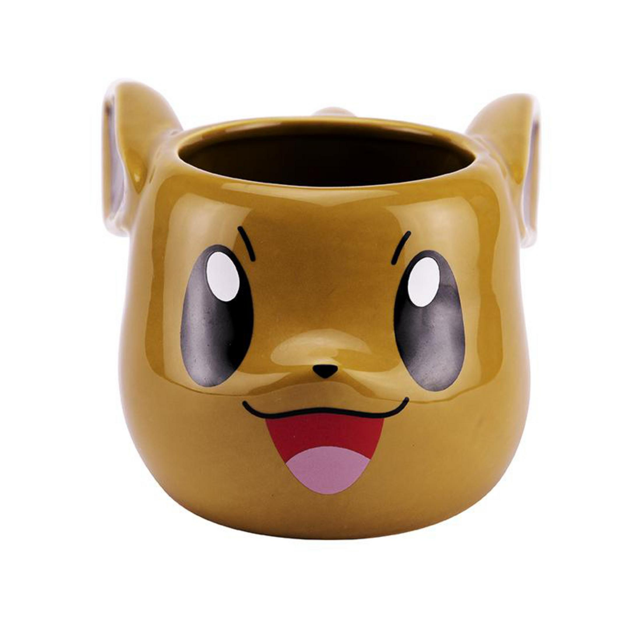 Gelber Pokemon-Becher mit einem Cartoon-Gesicht eines hundeähnlichen Charakters. Es hat große Augen und eine Zunge.