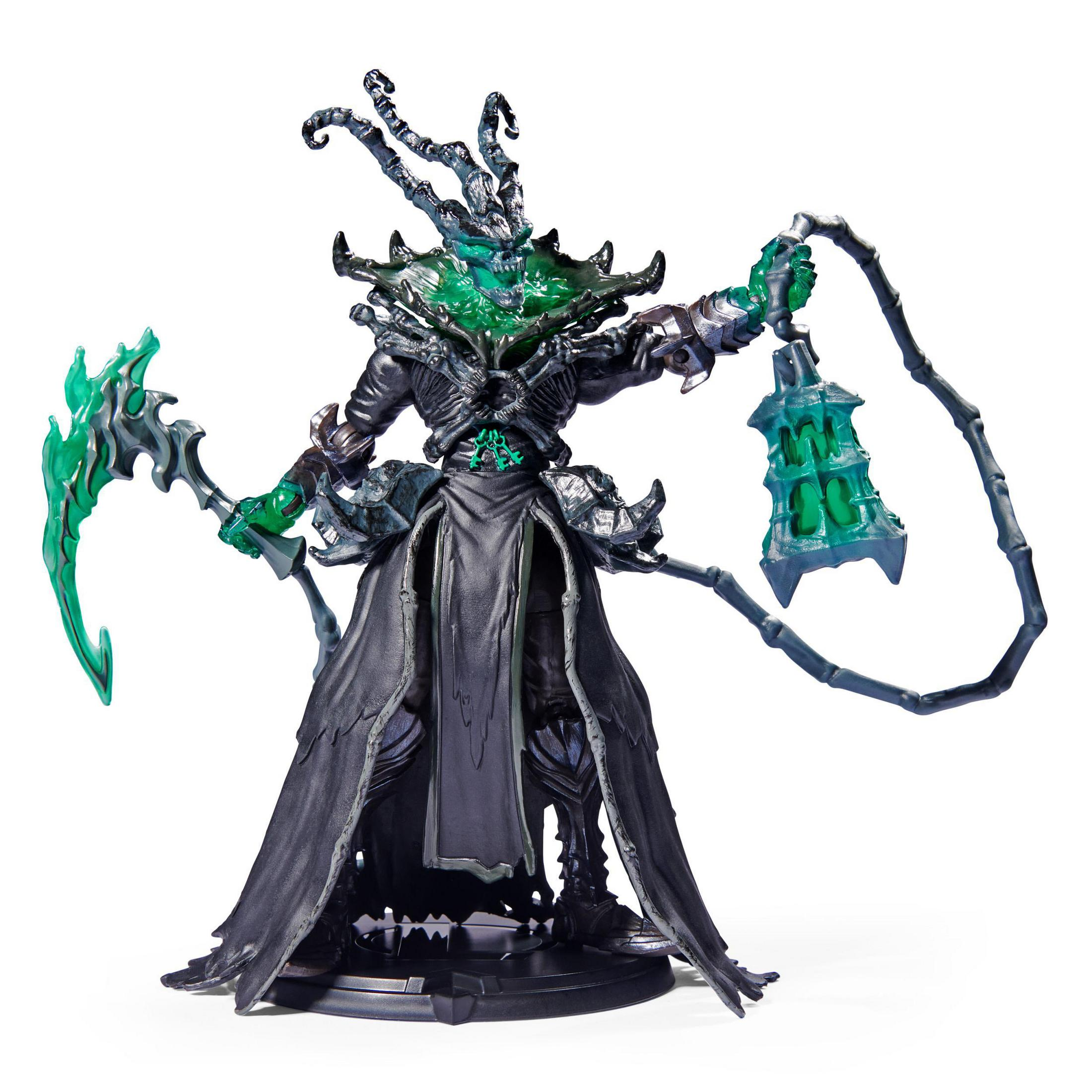 League of Legends Figur: Thresh, grünes Geistergesicht, schwarze Robe, Laterne haltend.