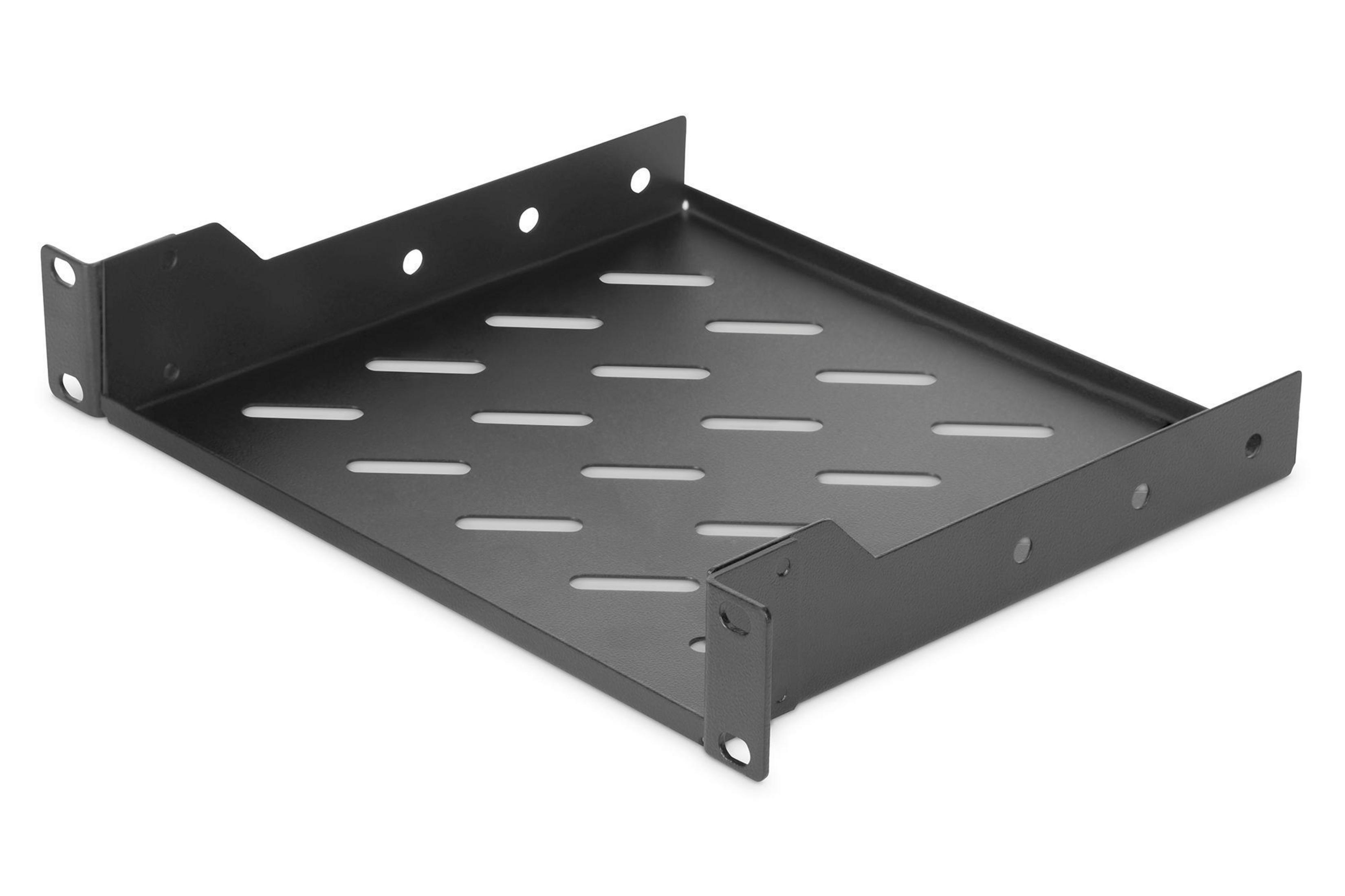 Schwarzes Metallregal mit Löchern. Es besteht aus Metall und hat eine rechteckige Form.