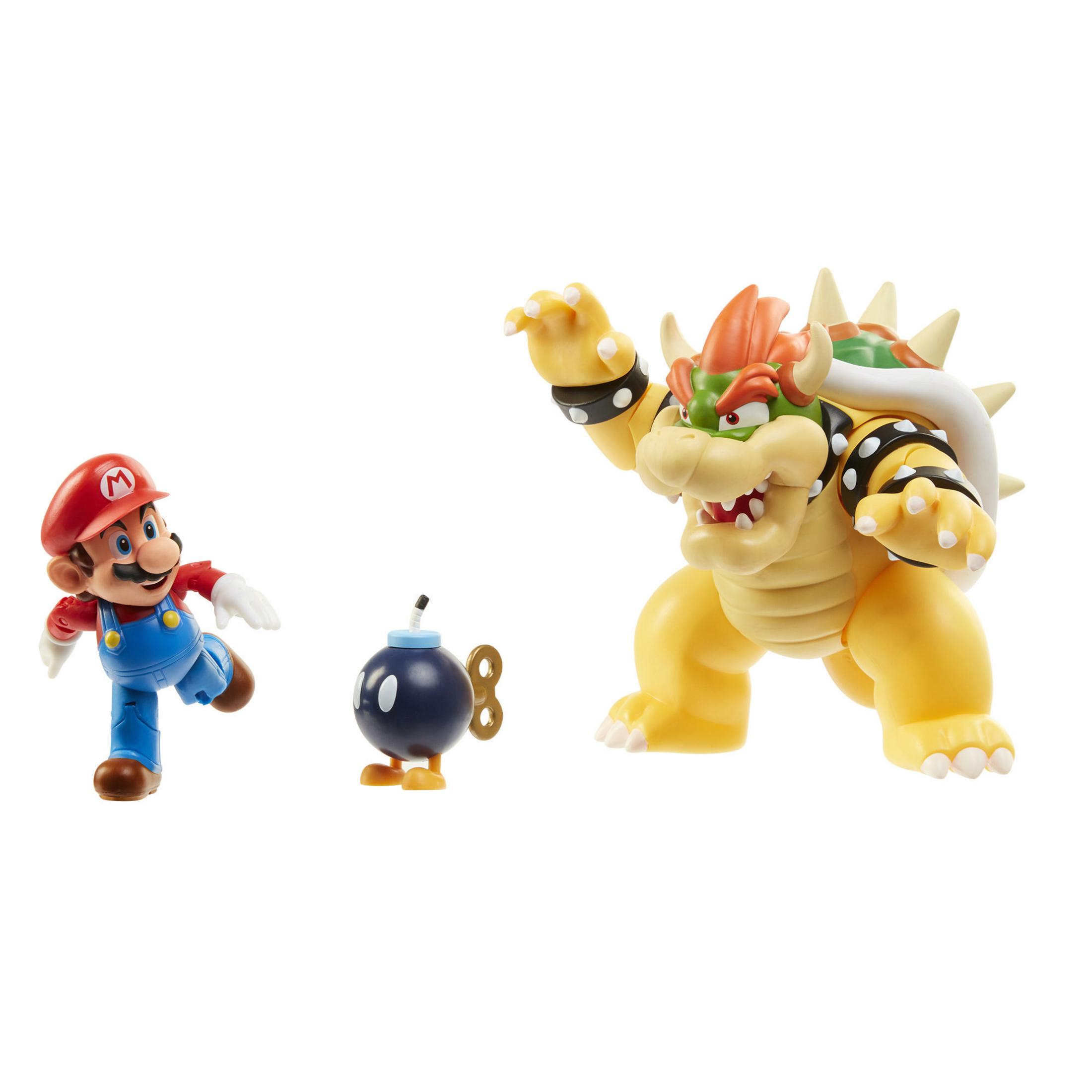 Figure di Mario, una bomba e Bowser su sfondo bianco.