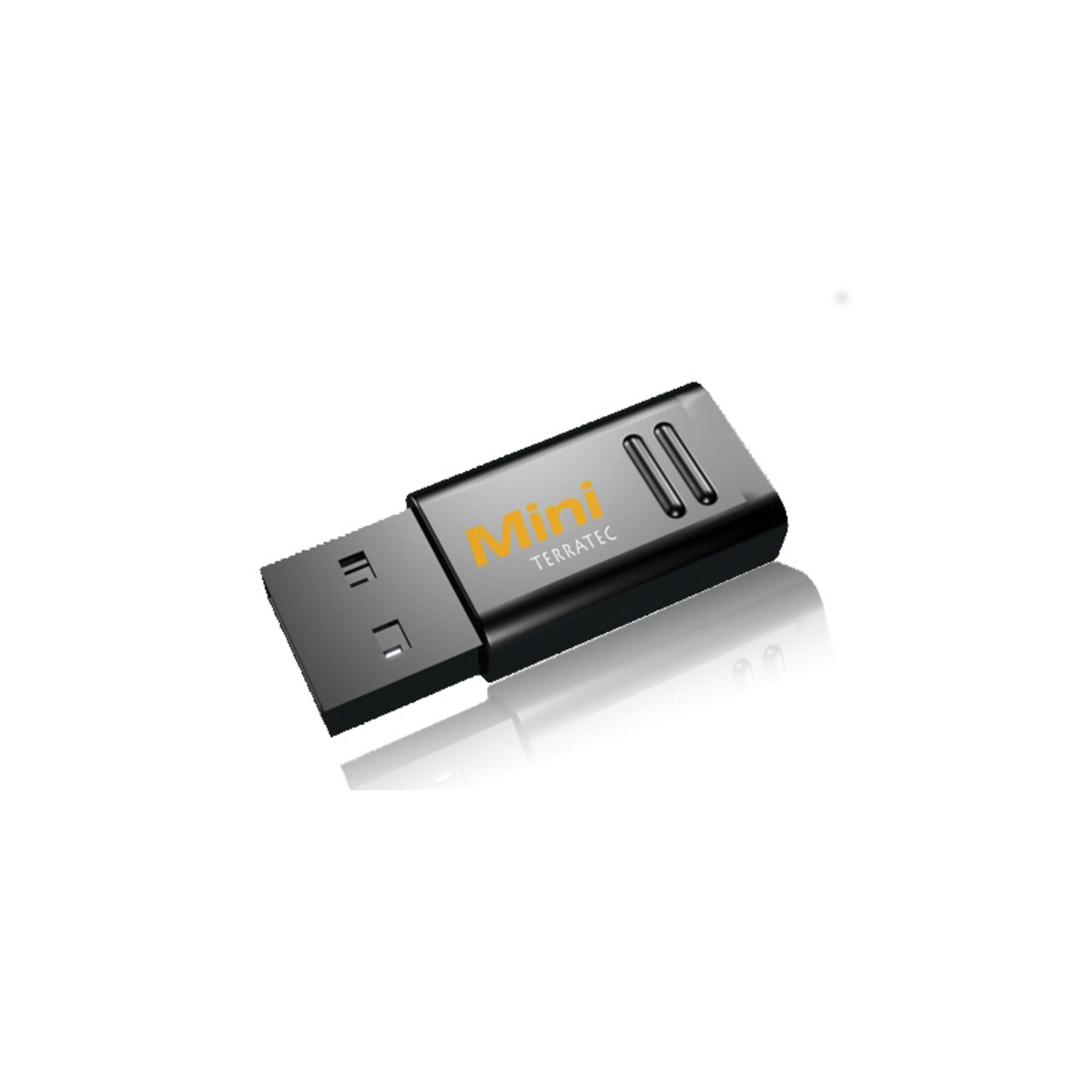 Ein schwarzer USB-Stick mit den Aufschriften 'Mini' und 'TERRATEC' auf weißem Hintergrund, spiegelt die Oberfläche.