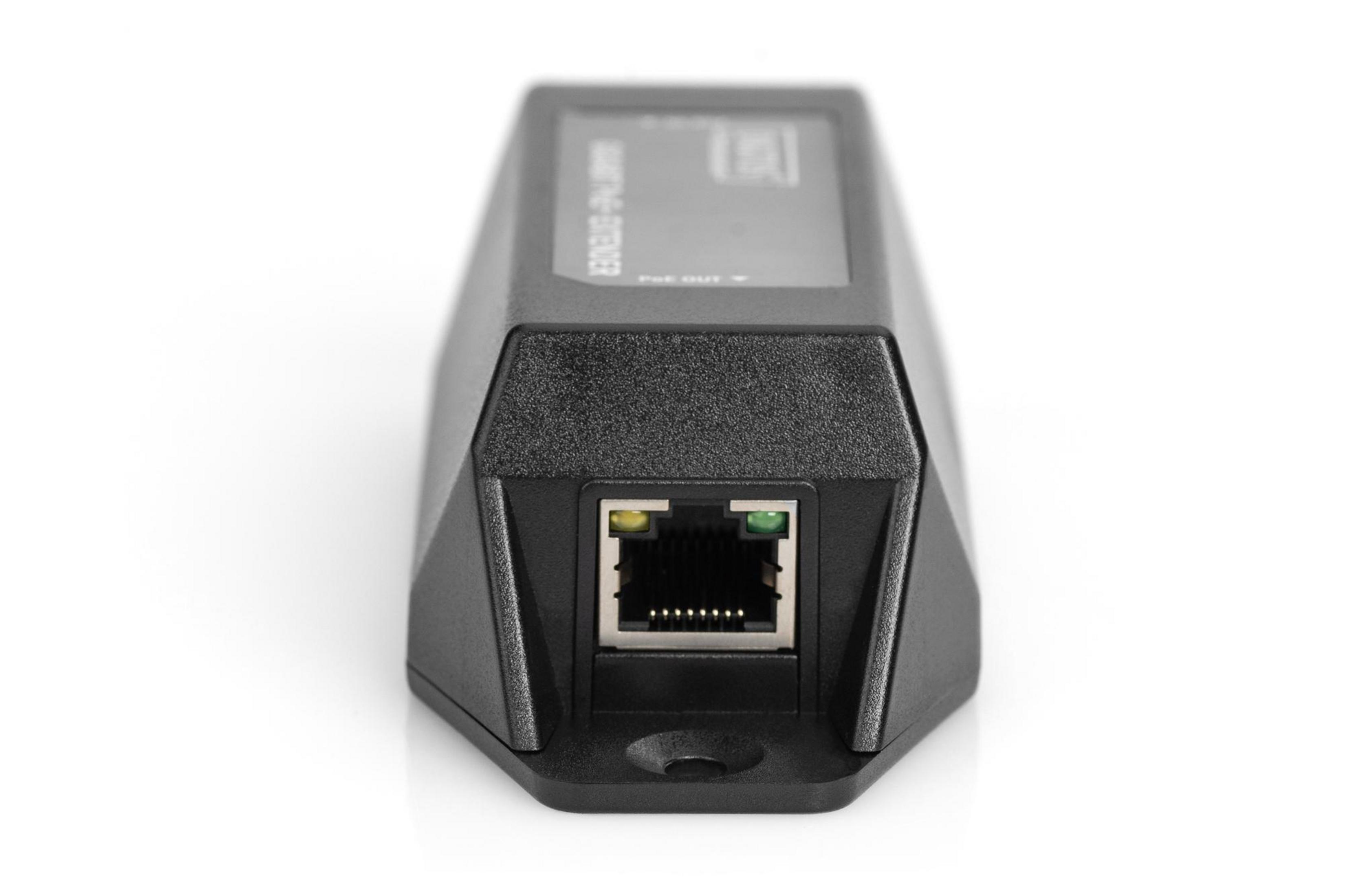 Schwarzer Netzwerk-Extender mit Ethernet-Anschluss, auf weißem Hintergrund, zum Betrachter geneigt.