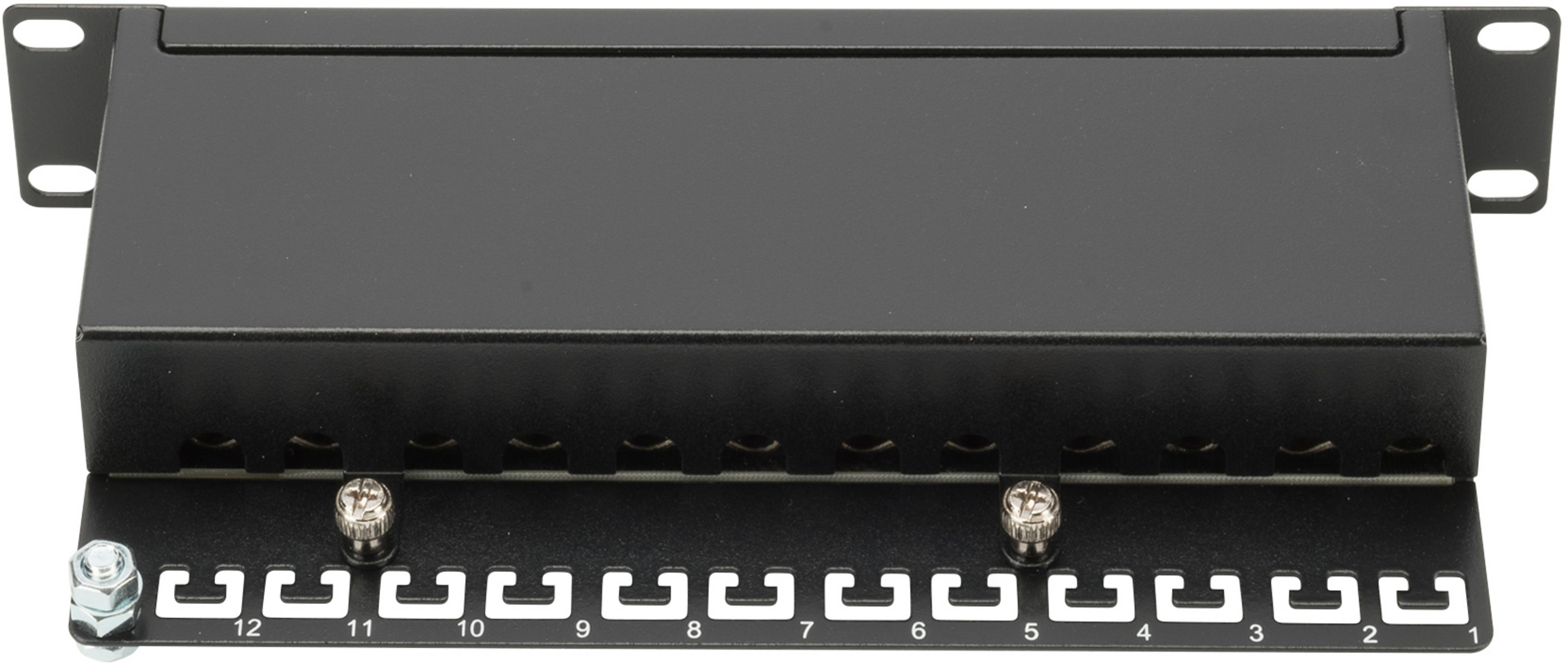 Ein schwarzes Patchpanel für Netzwerkkabel mit nummerierten Anschlüssen und Schrauben.