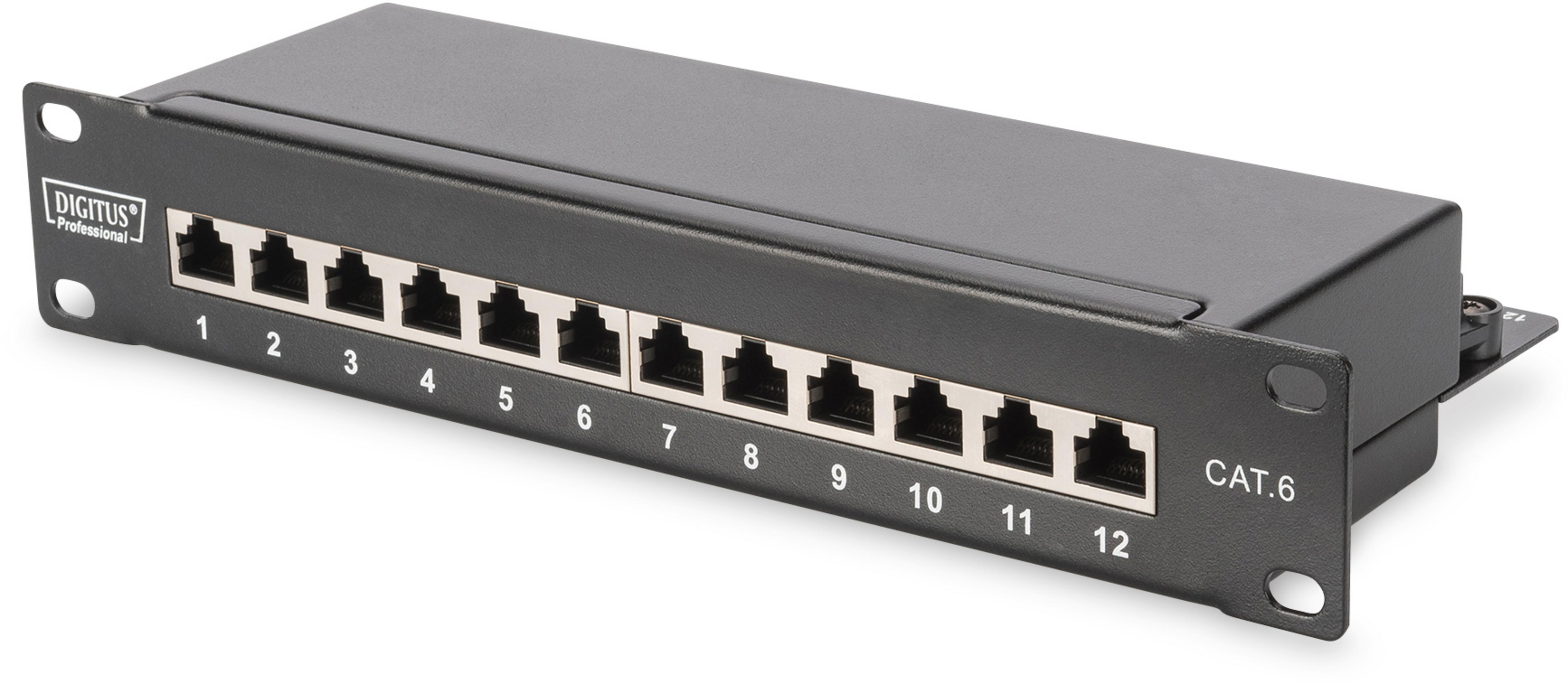 Ein schwarzes CAT.6-Netzwerk-Patchpanel mit zwölf nummerierten Anschlüssen.