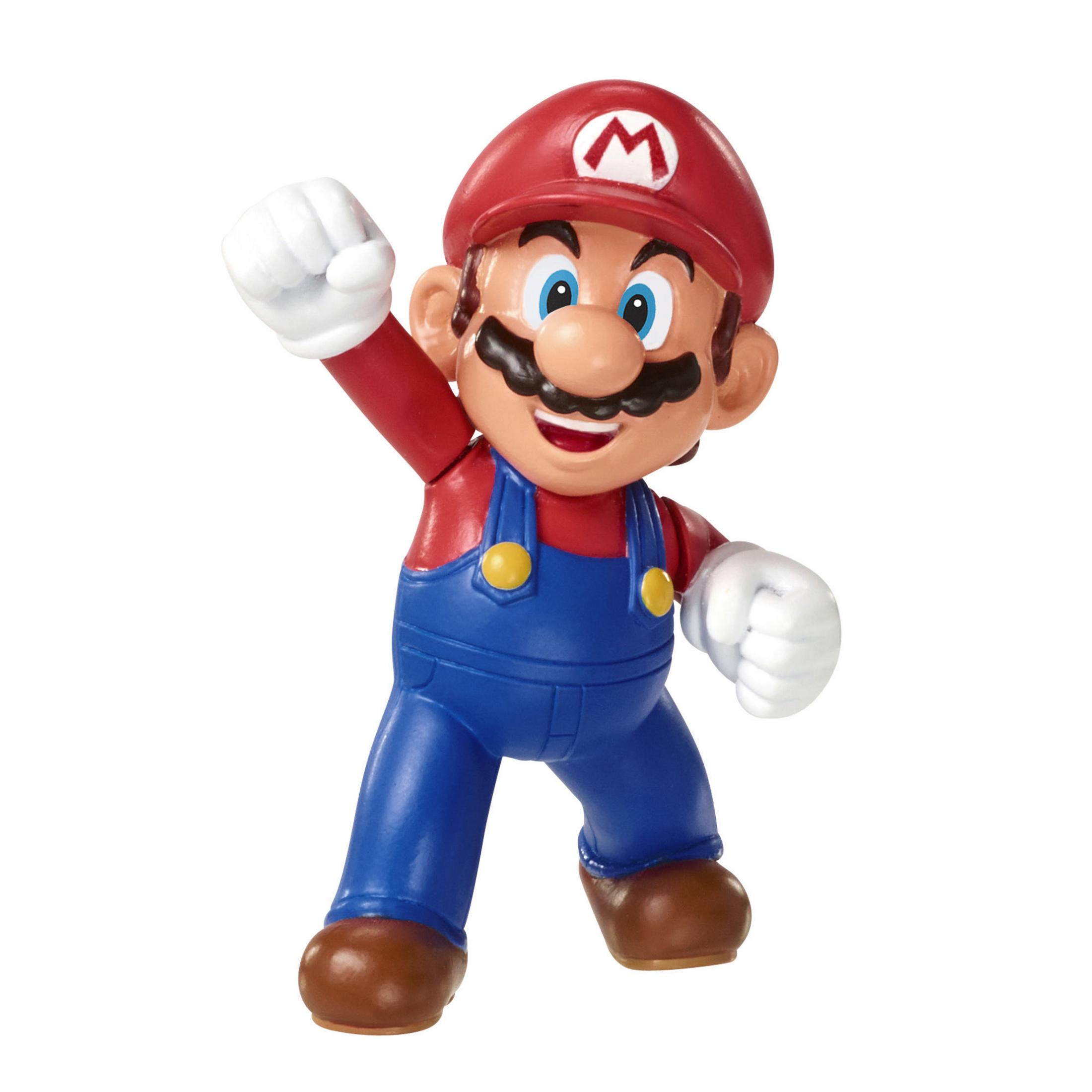 Figura de Mario en atuendo rojo y azul, con puño alzado y expresión alegre.