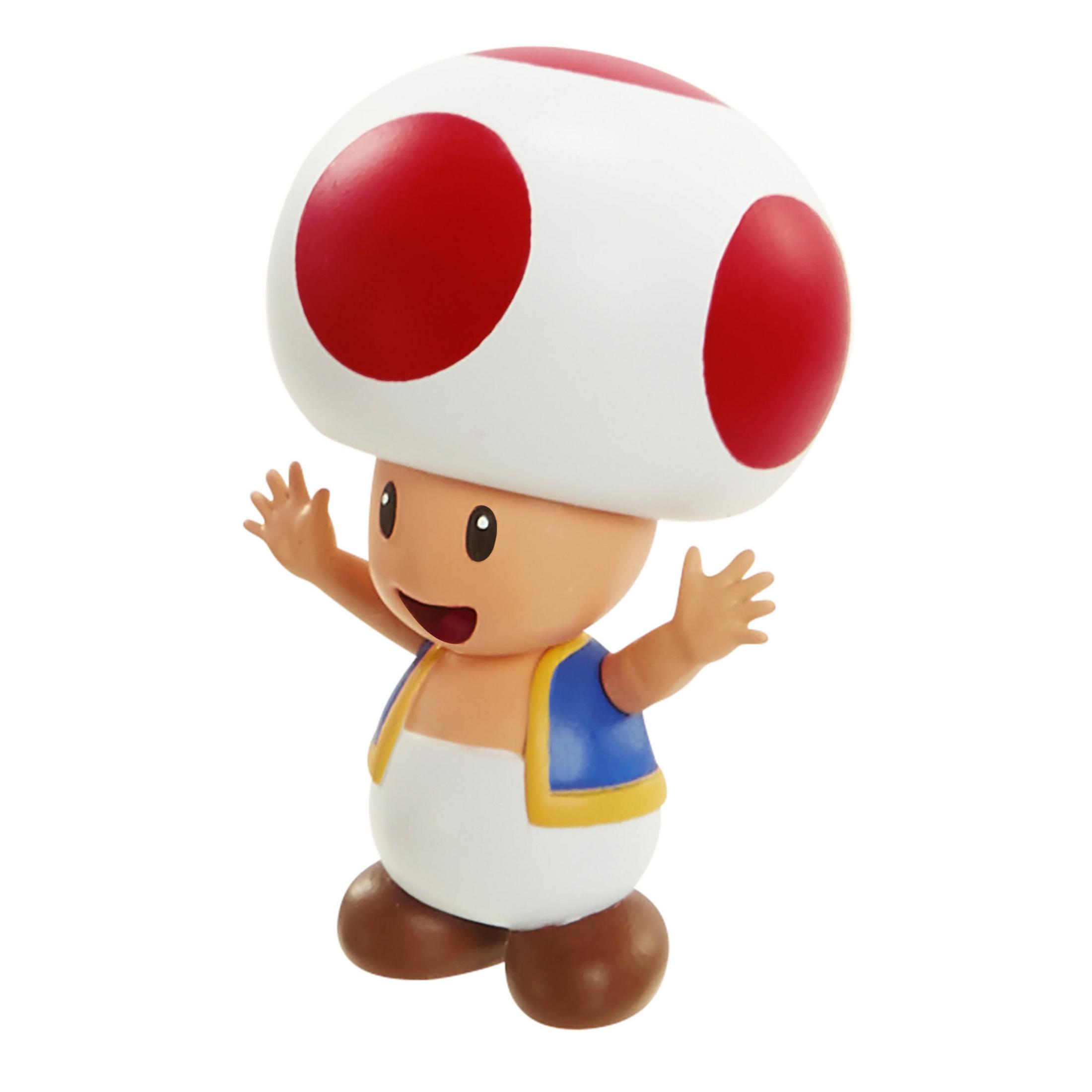 Figura de Toad, cabeza de hongo blanco con puntos rojos, brazos alzados.
