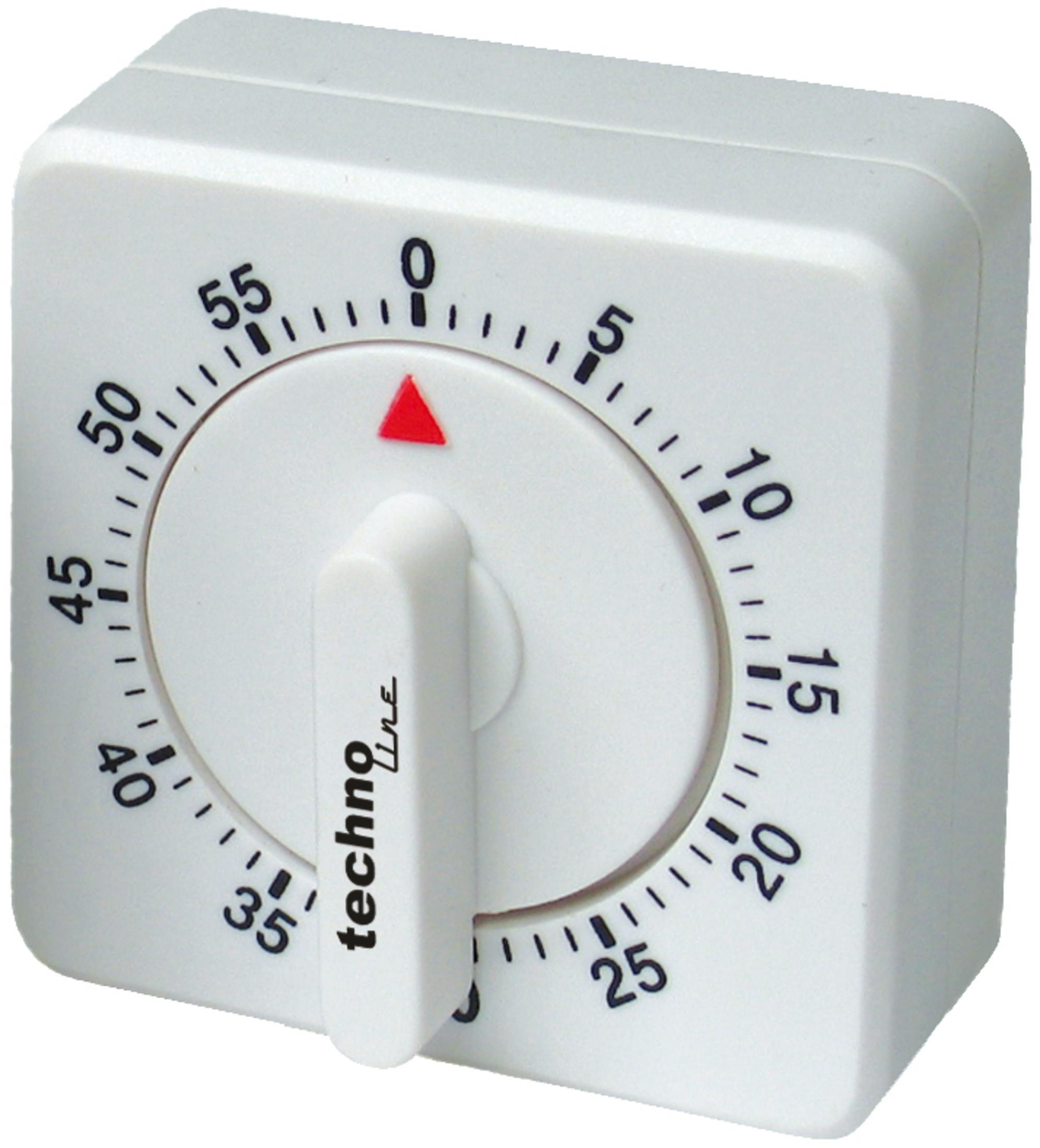 Weißer Küchentimer. Schwarze Zahlen, rotes Dreieck. Der Griff sagt techno line. Weißer Hintergrund.