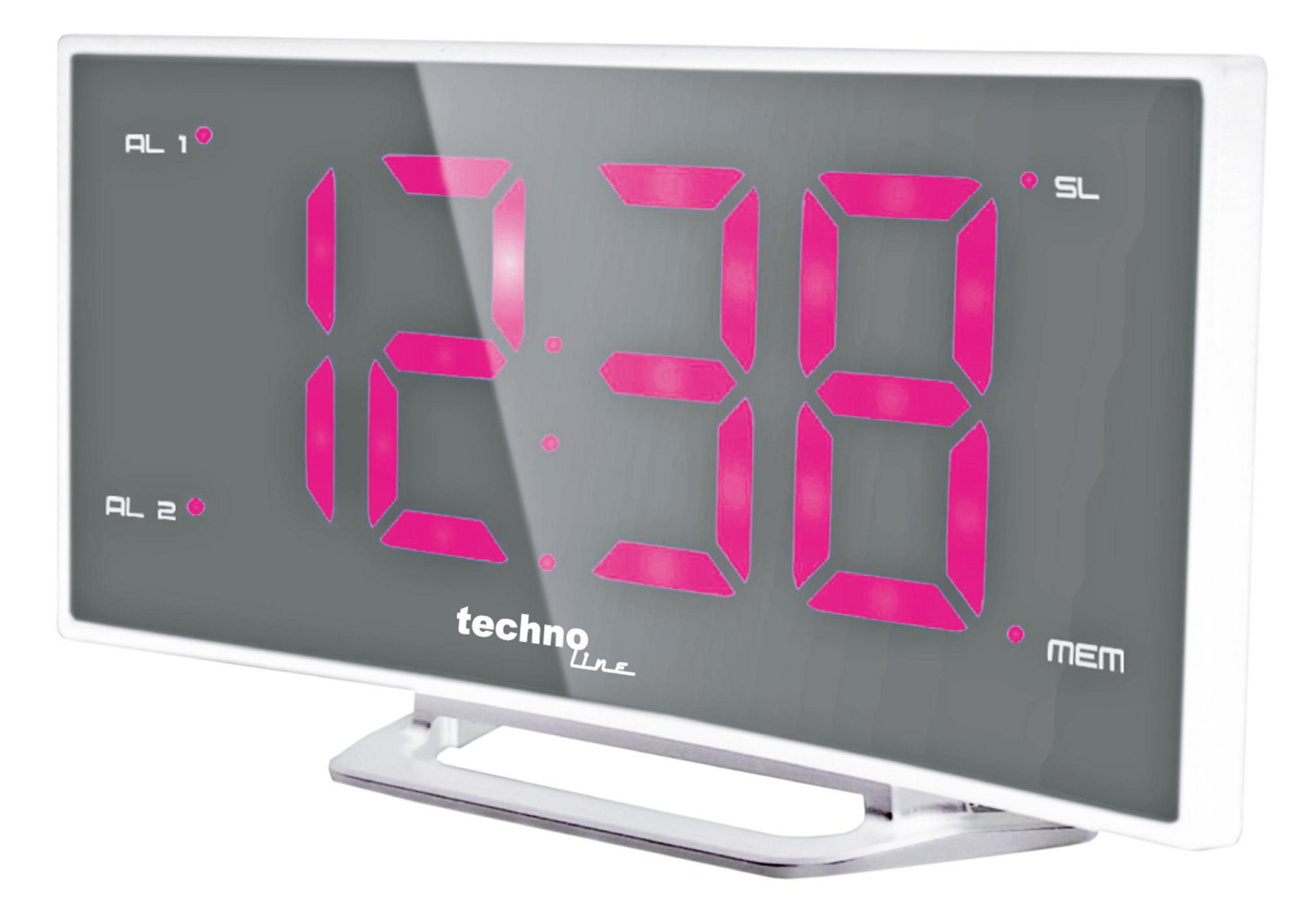 Pinke Ziffern auf einer grauen Digitaluhr.