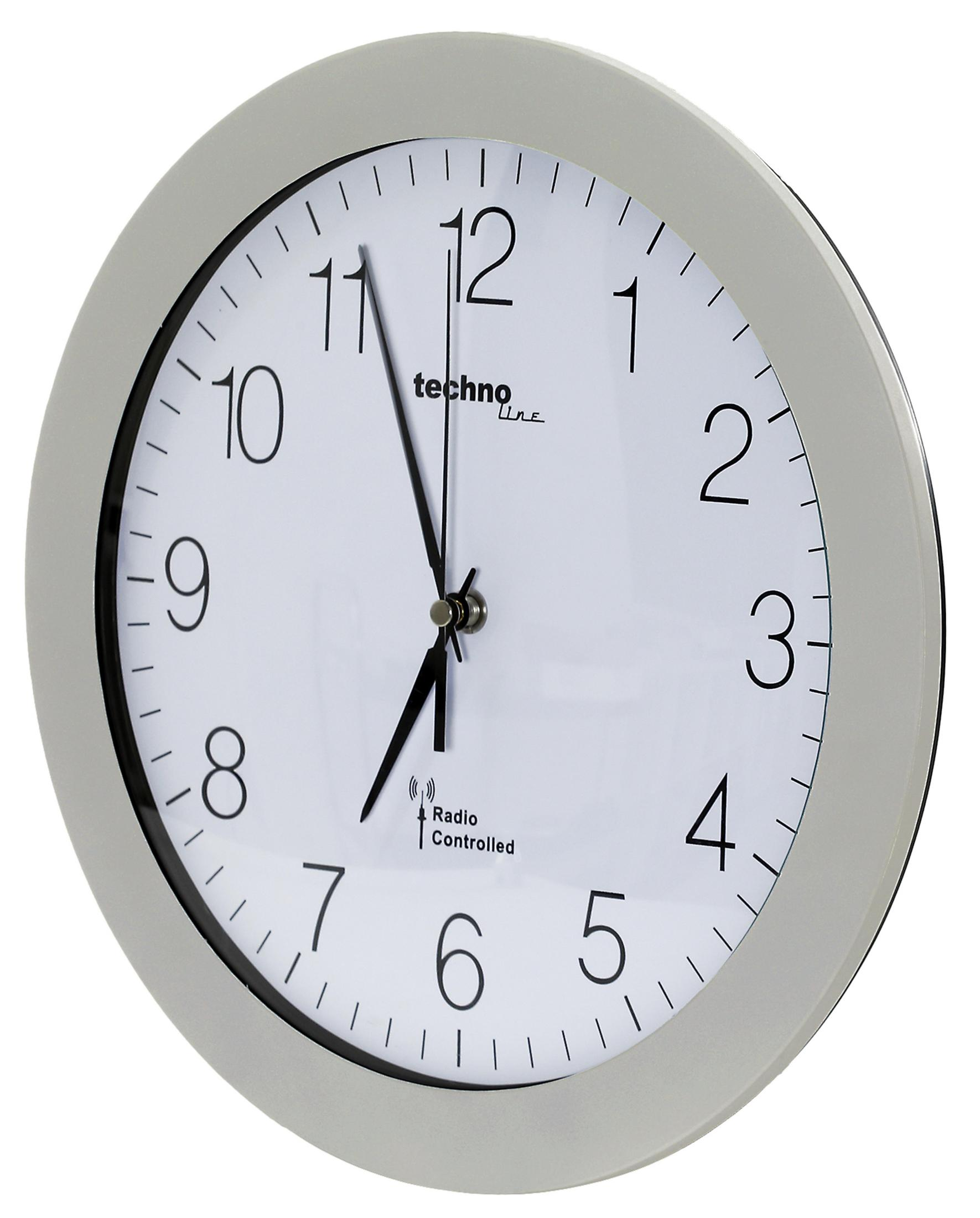 Eine runde Uhr mit grauem Rahmen zeigt die Zeit an, Zeiger auf 12:00 und 6:35. Das Wort 'technoline' ist sichtbar.