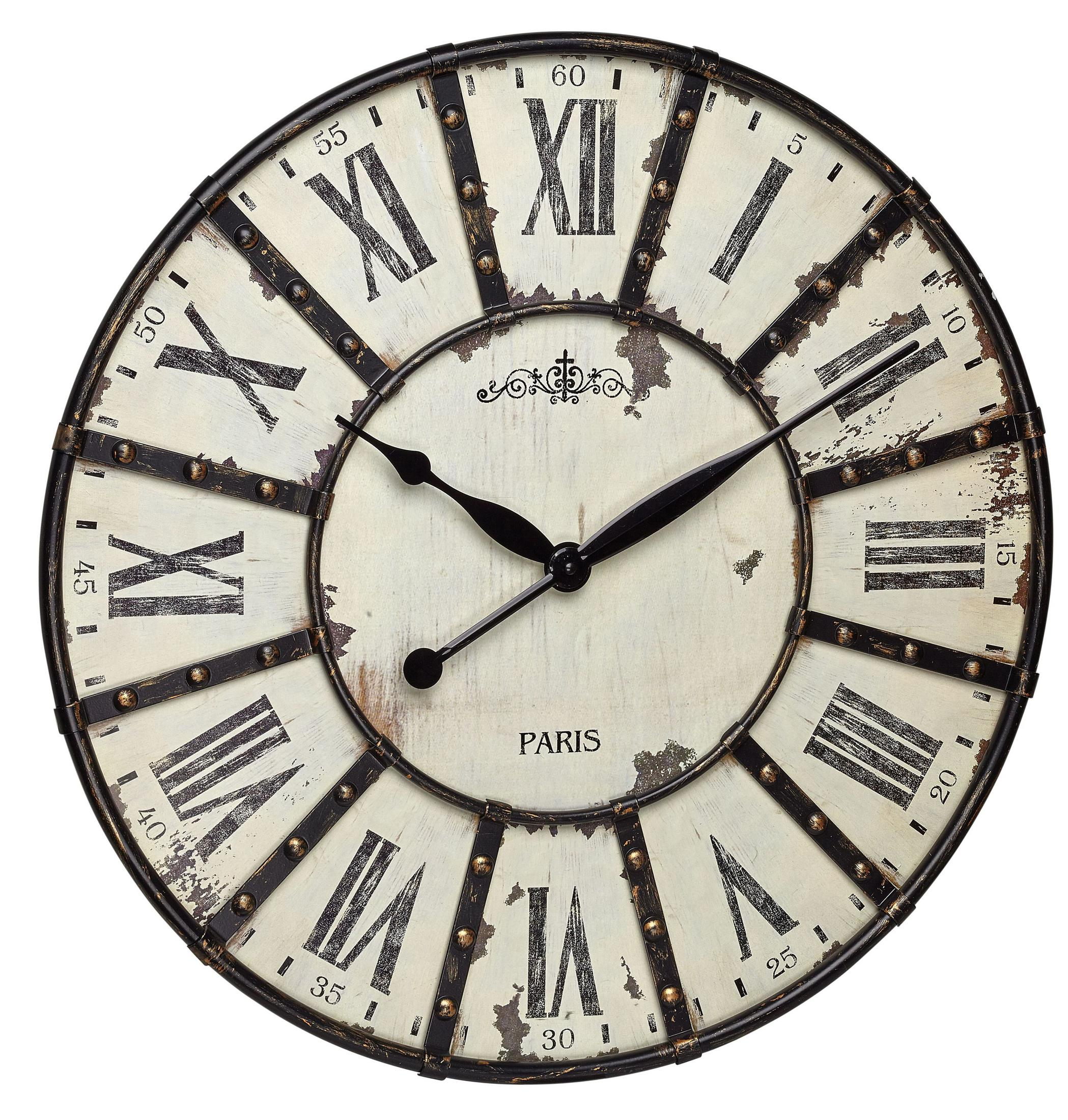 Runde Wanduhr. Weißes Zifferblatt mit schwarzen römischen Ziffern. Schwarze Zeiger und schwarzer Metallrahmen.