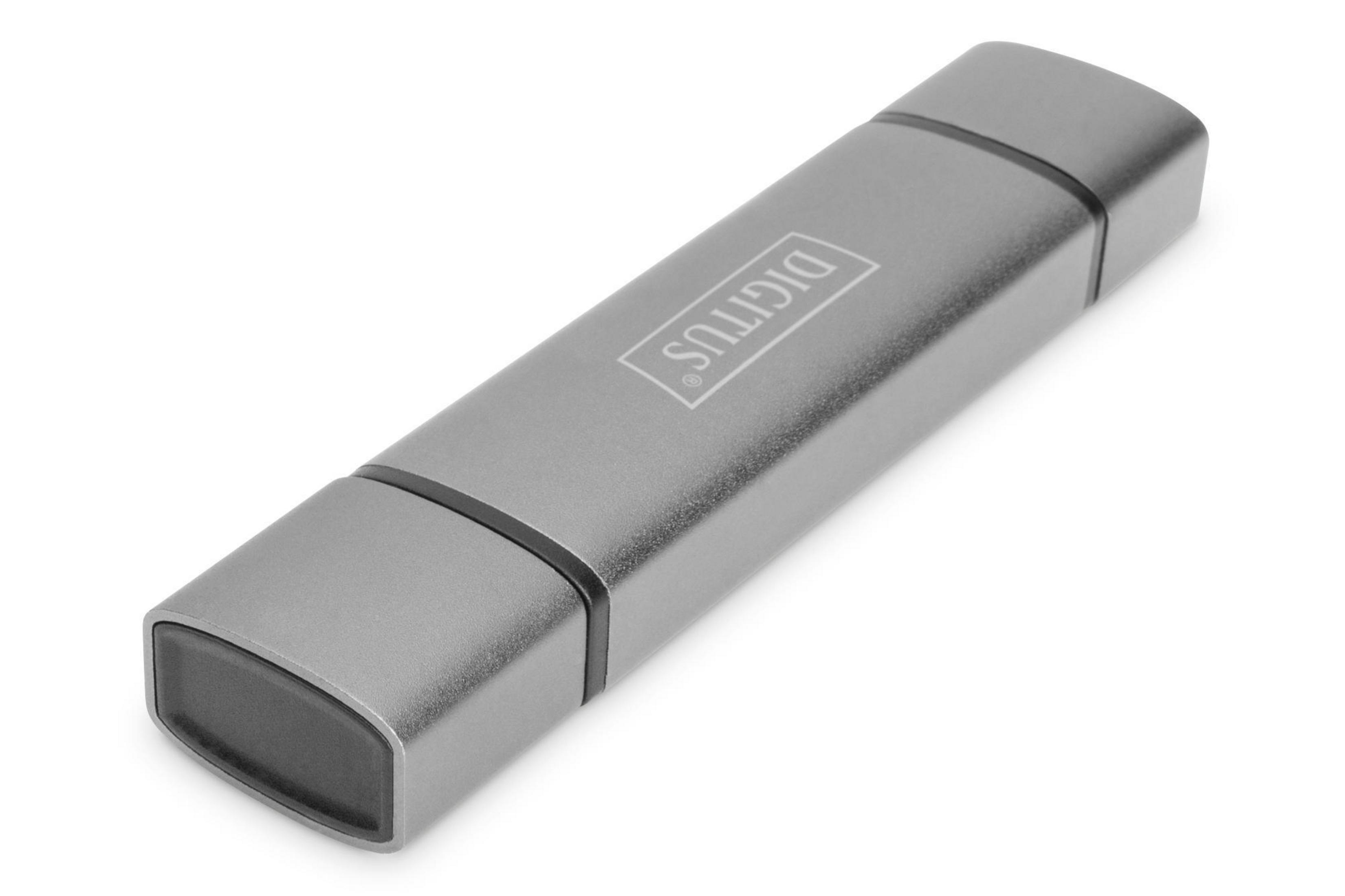 Ein silberner USB-Stick mit dem Aufdruck 'DIGITUS'. Weißer Hintergrund.