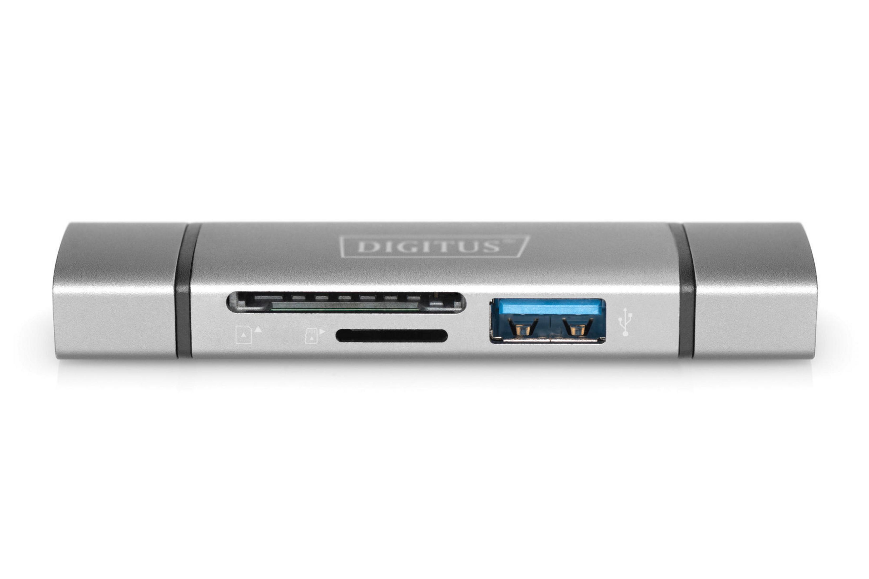 Silberner Kartenleser mit USB- und SD-Kartensteckplätzen. Der Markenname DIGITUS steht oben.