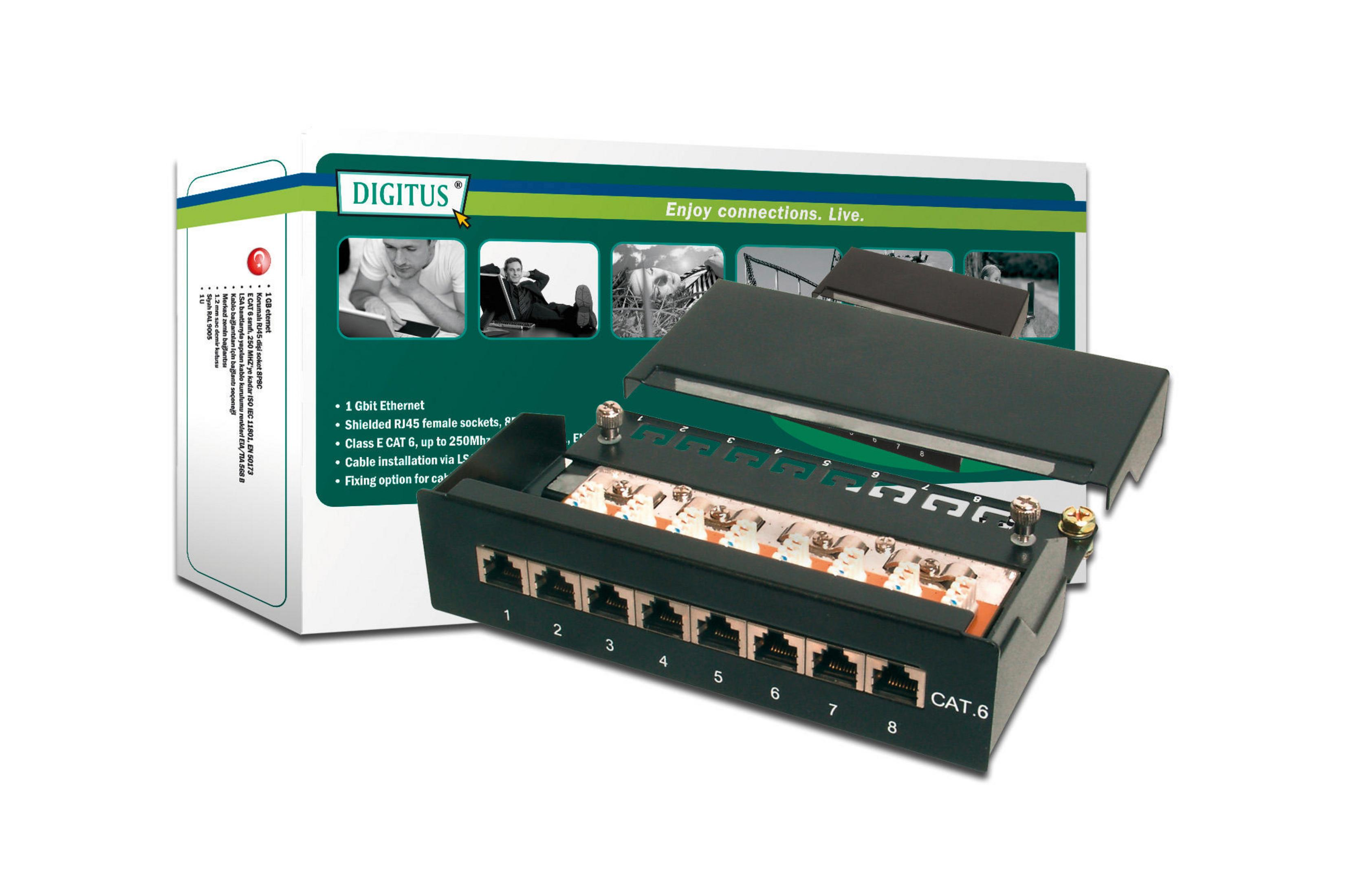 Schwarzes Netzwerkpanel mit 8 Ports und Box. Die Box hat ein Bild von Menschen und Text.