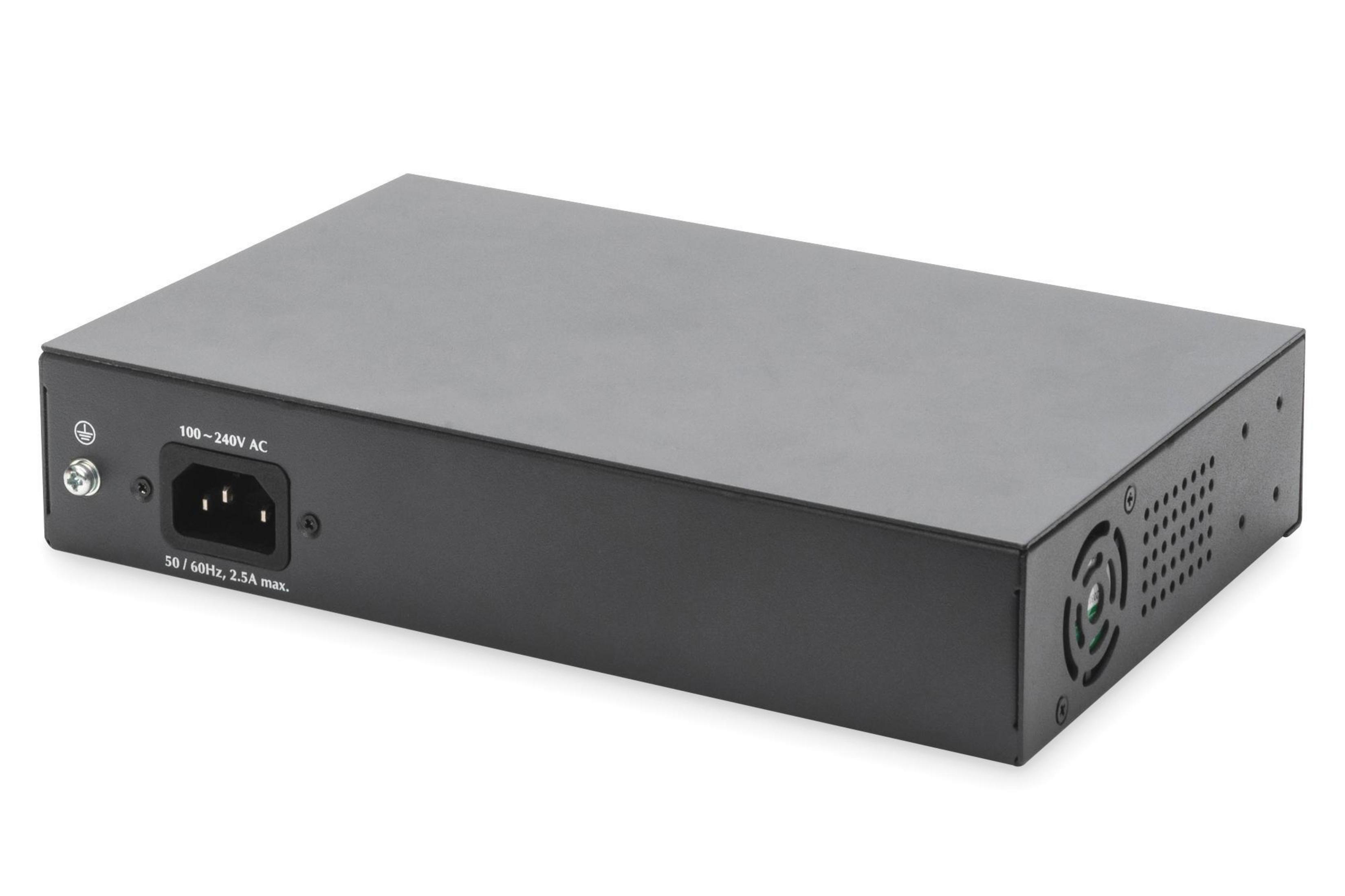 Schwarzer Netzwerk-Switch. Stromeingang hinten, Lüfter rechts, weißer Hintergrund.