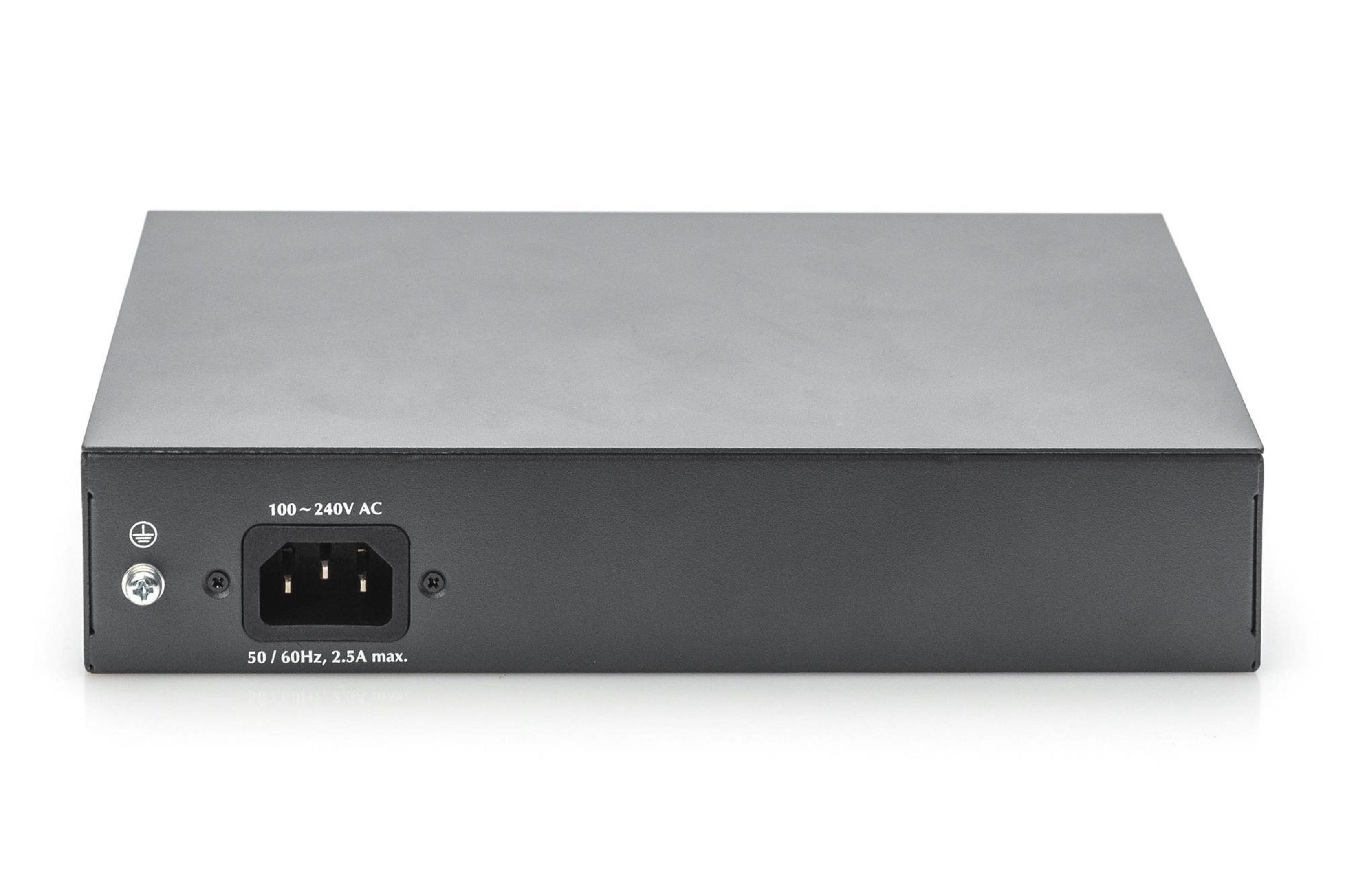 Rückansicht des schwarzen Netzwerk-Switches mit Stromanschluss, Eingangsspannung und Frequenz.