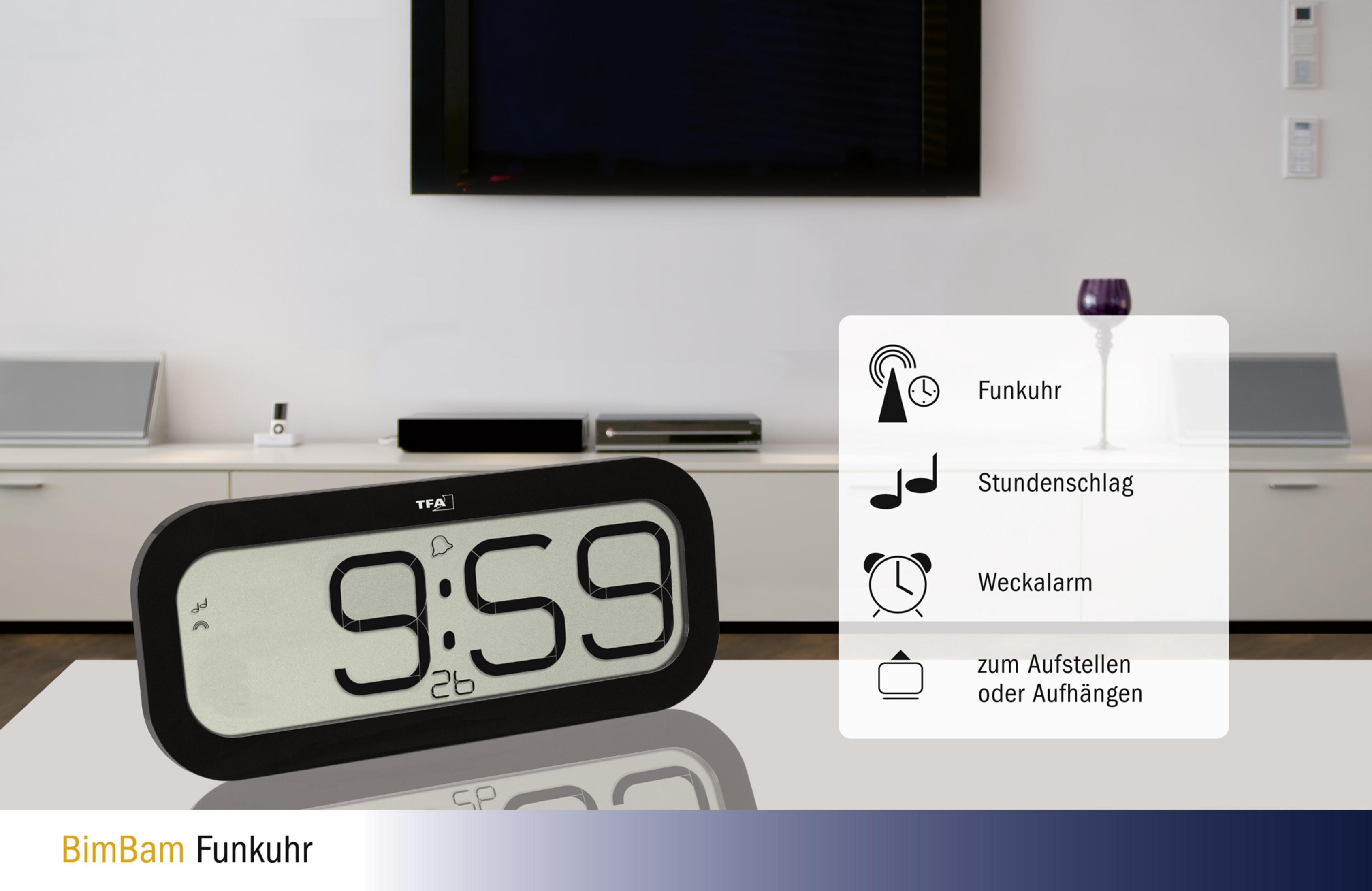 Schwarze Digitaluhr mit 9:59. Symbole für Radio, Musik, Alarm und Aufhängen werden gezeigt.