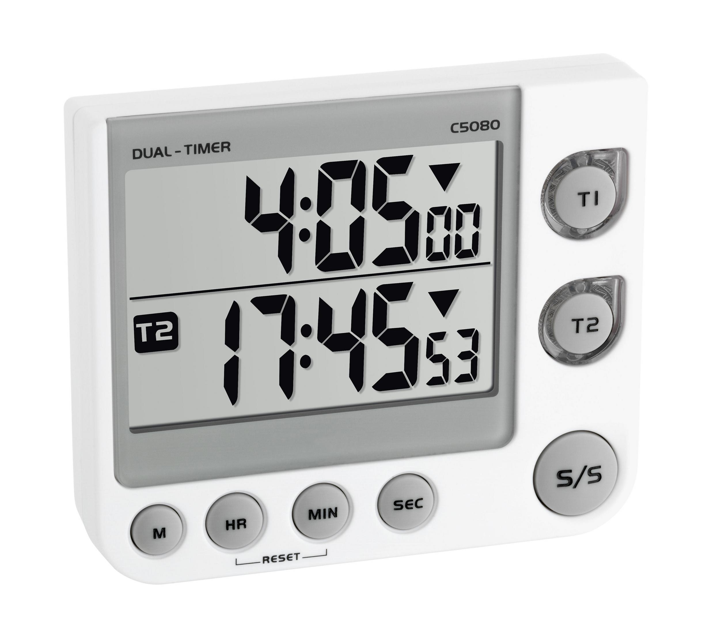 Weißer Dual-Timer mit zwei Anzeigen für die Zeit und Tasten für T1, T2 und S/S.