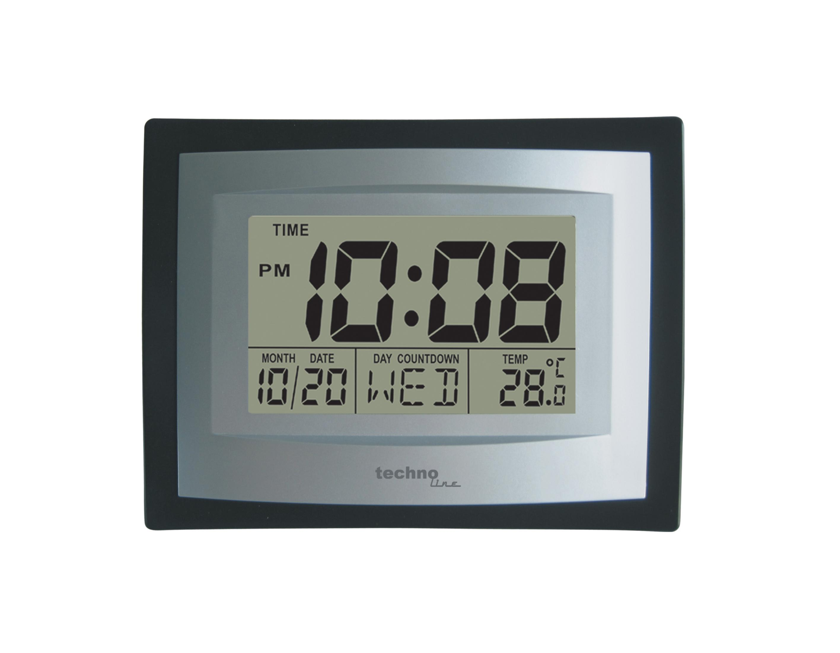 Digitaluhr mit 22:08 Uhr und Datum. Sie hat einen schwarzen und silbernen Rahmen.