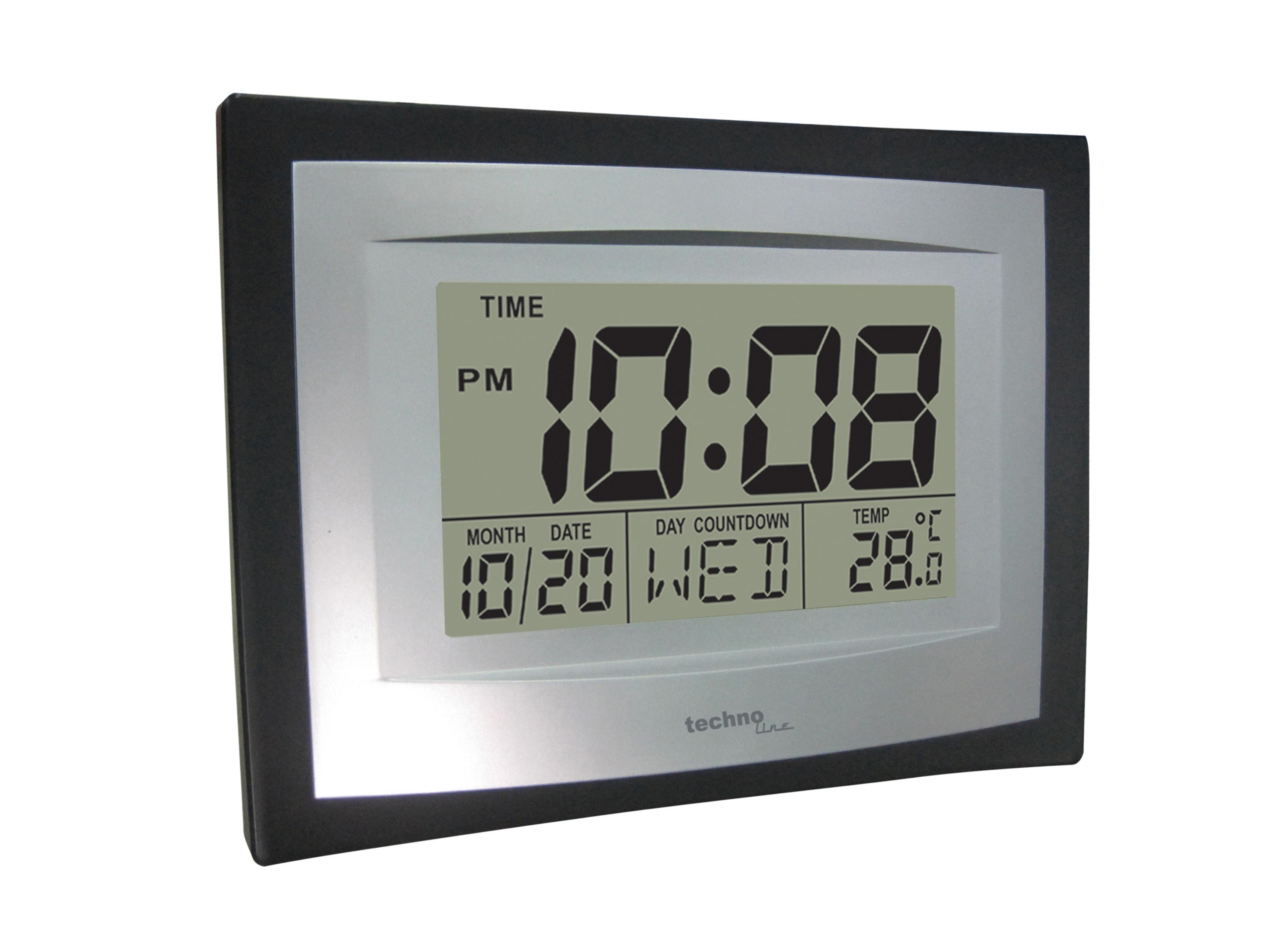 Eine Digitaluhr zeigt 22:08 Uhr und das Datum an, eingerahmt in Schwarz und Silber.